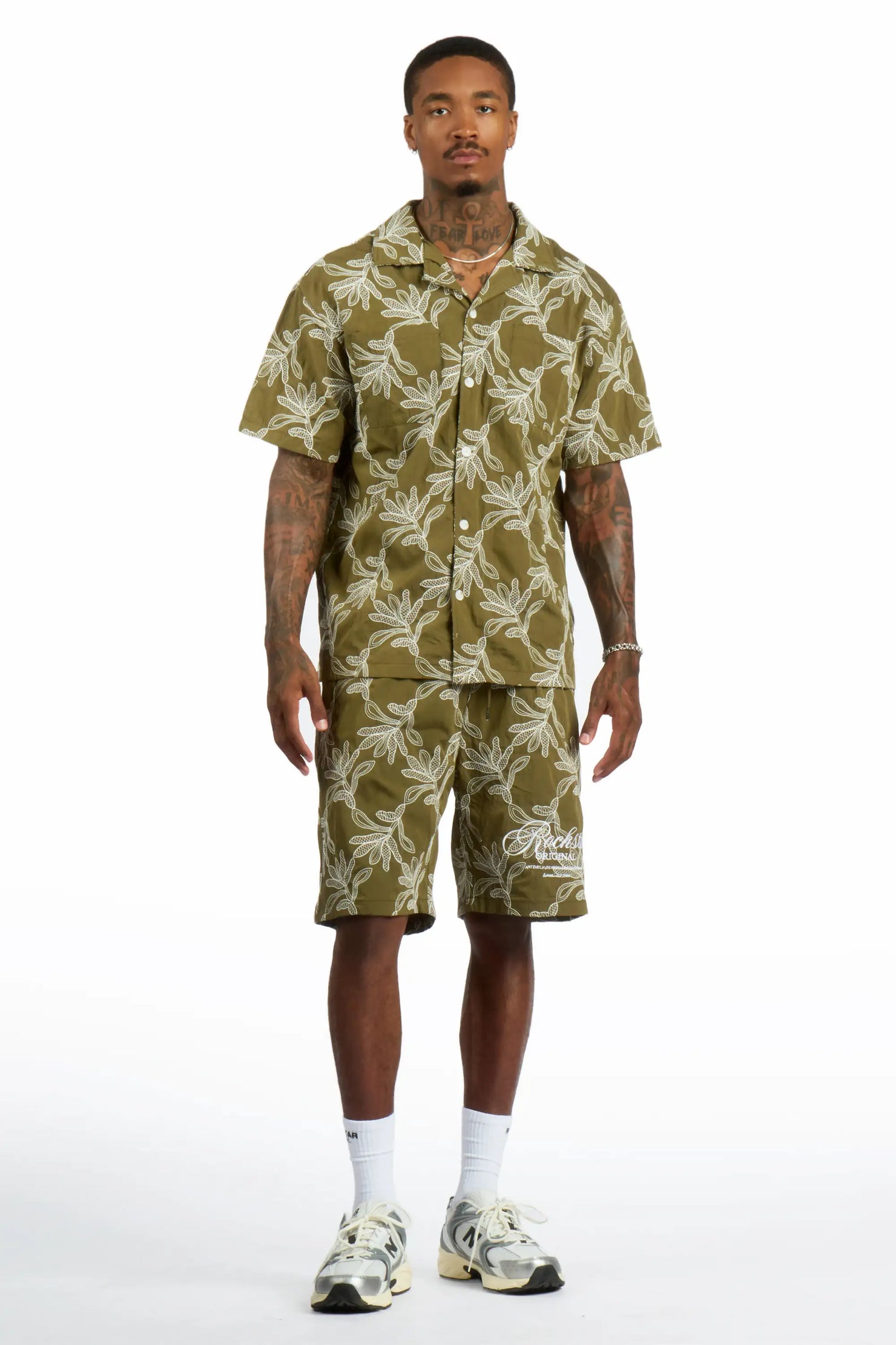 Merle Olive/White Button Down Shirt/Short Set