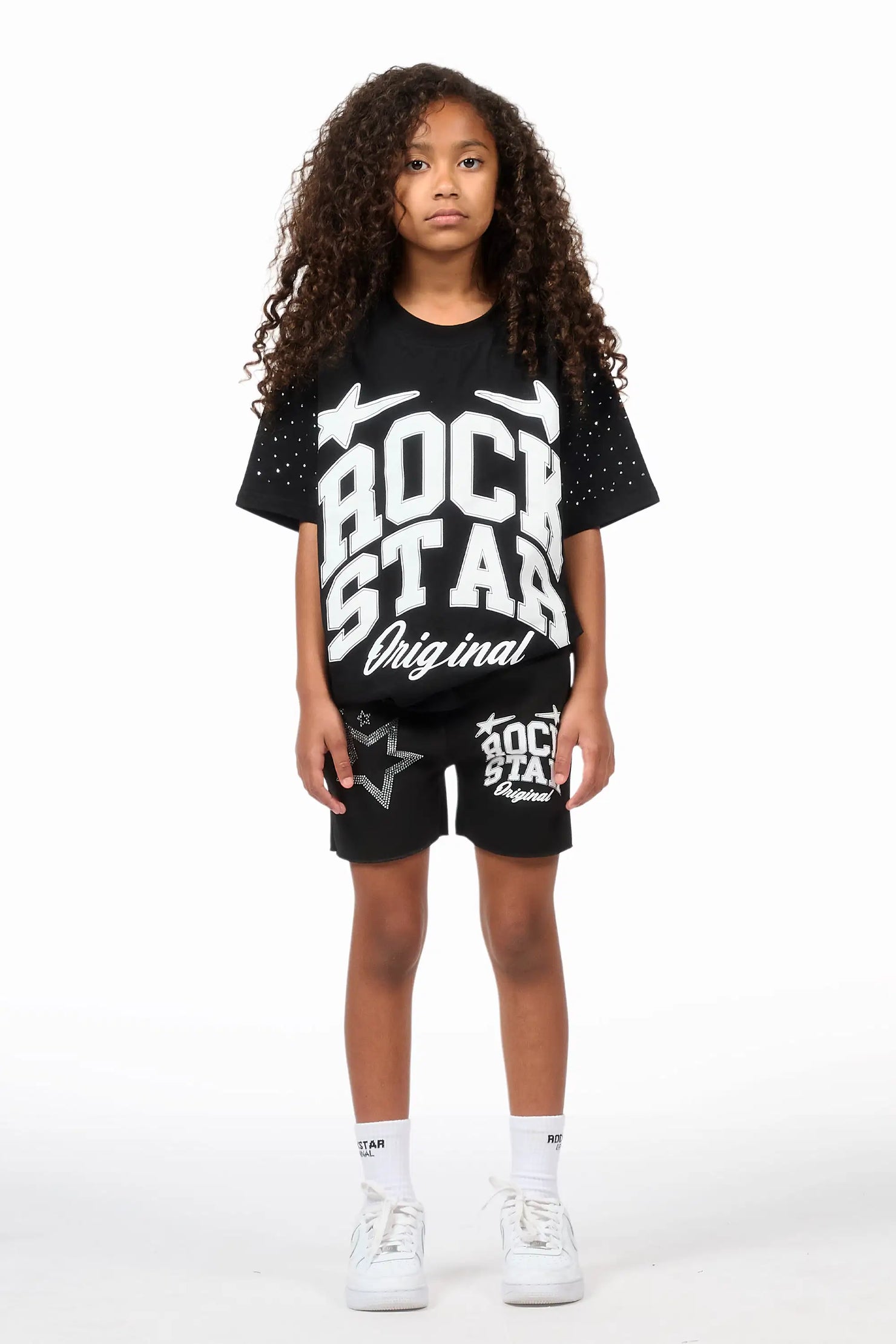 Girls Flaveya Black/Wite Rhinestone T-Shirt Short Set