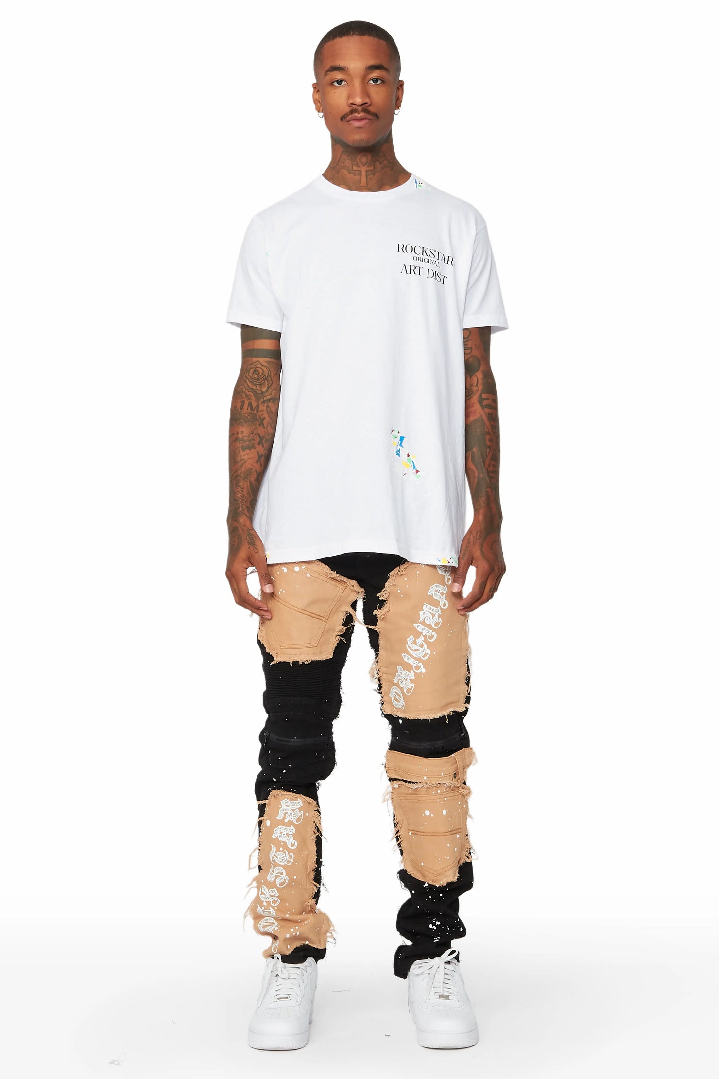 Cosmo Black/Beige Patchwork Biker Jean