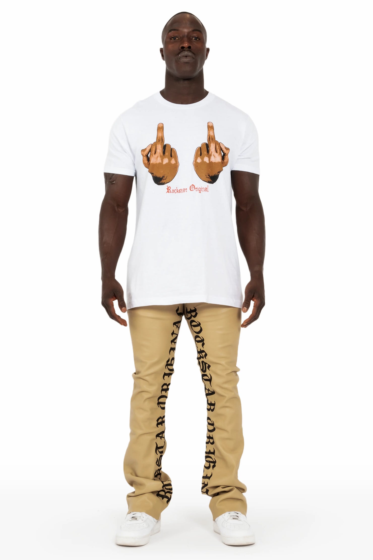 Eliam Beige/Black Faux Leather Stacked Flare Jean