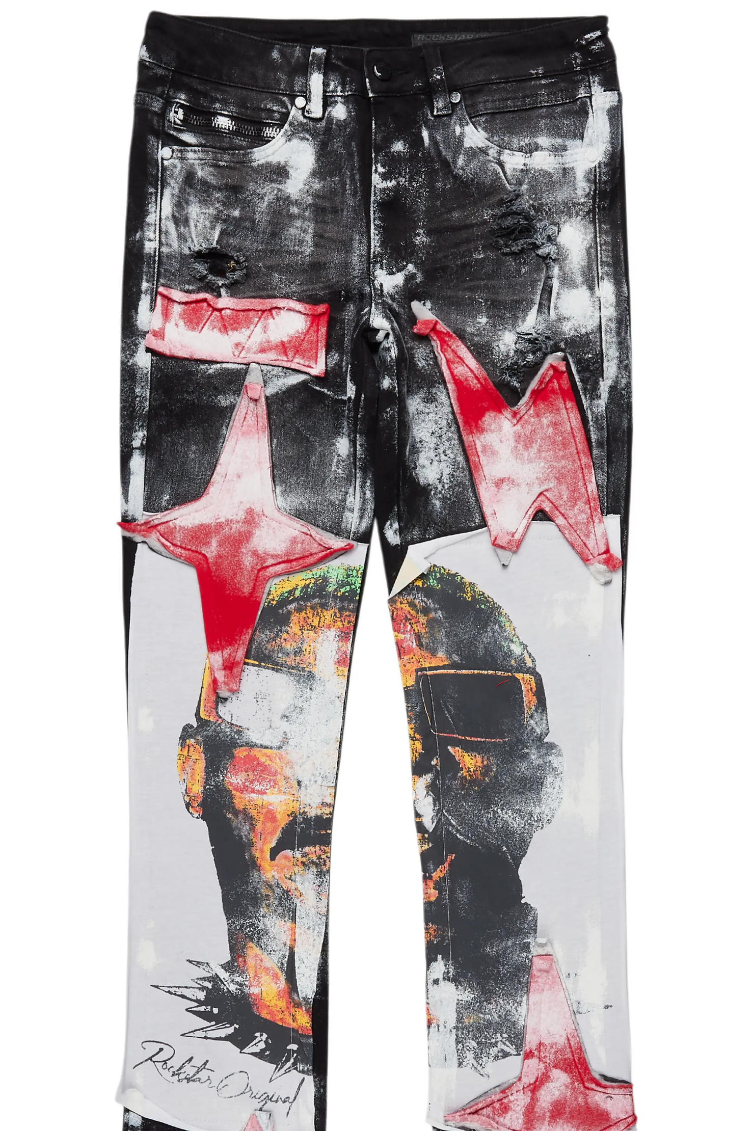 Savier Black/White Roller Paint Stacked Flare Jean