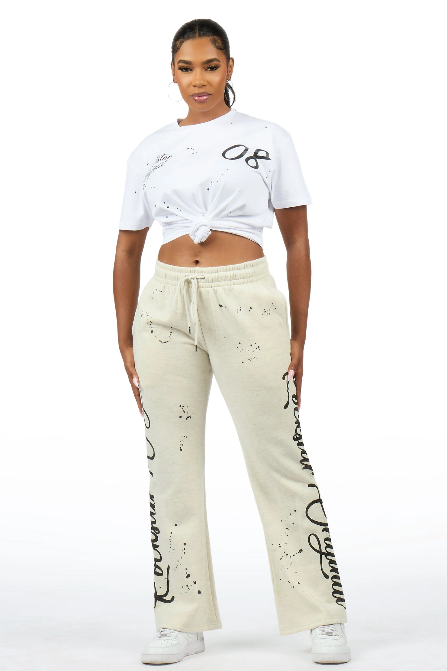 Nakesha White/Light Oatmeal T-Shirt Relaxed Track Set