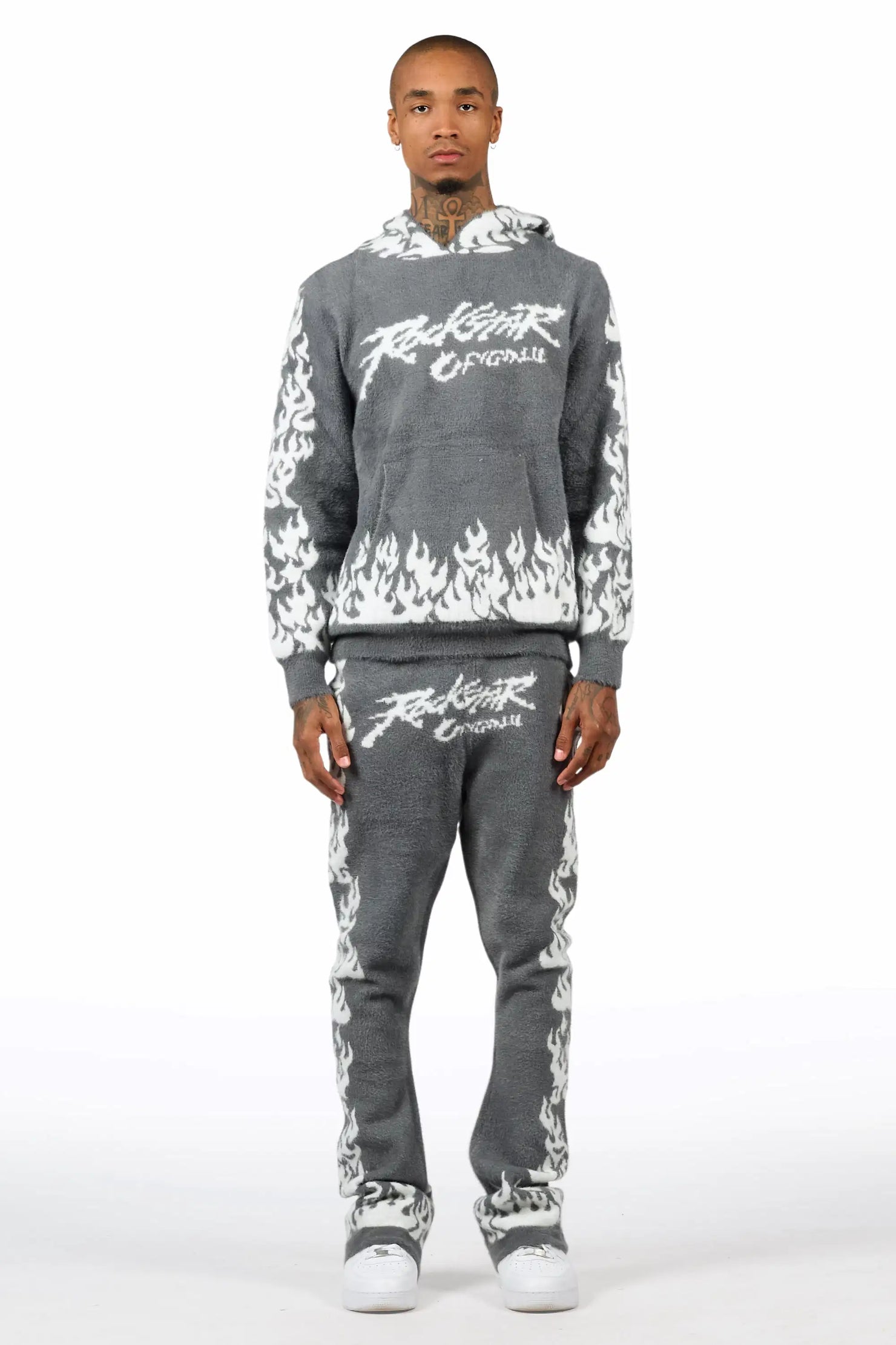 Yash Grey Hoodie Stacked Flare Track Set
