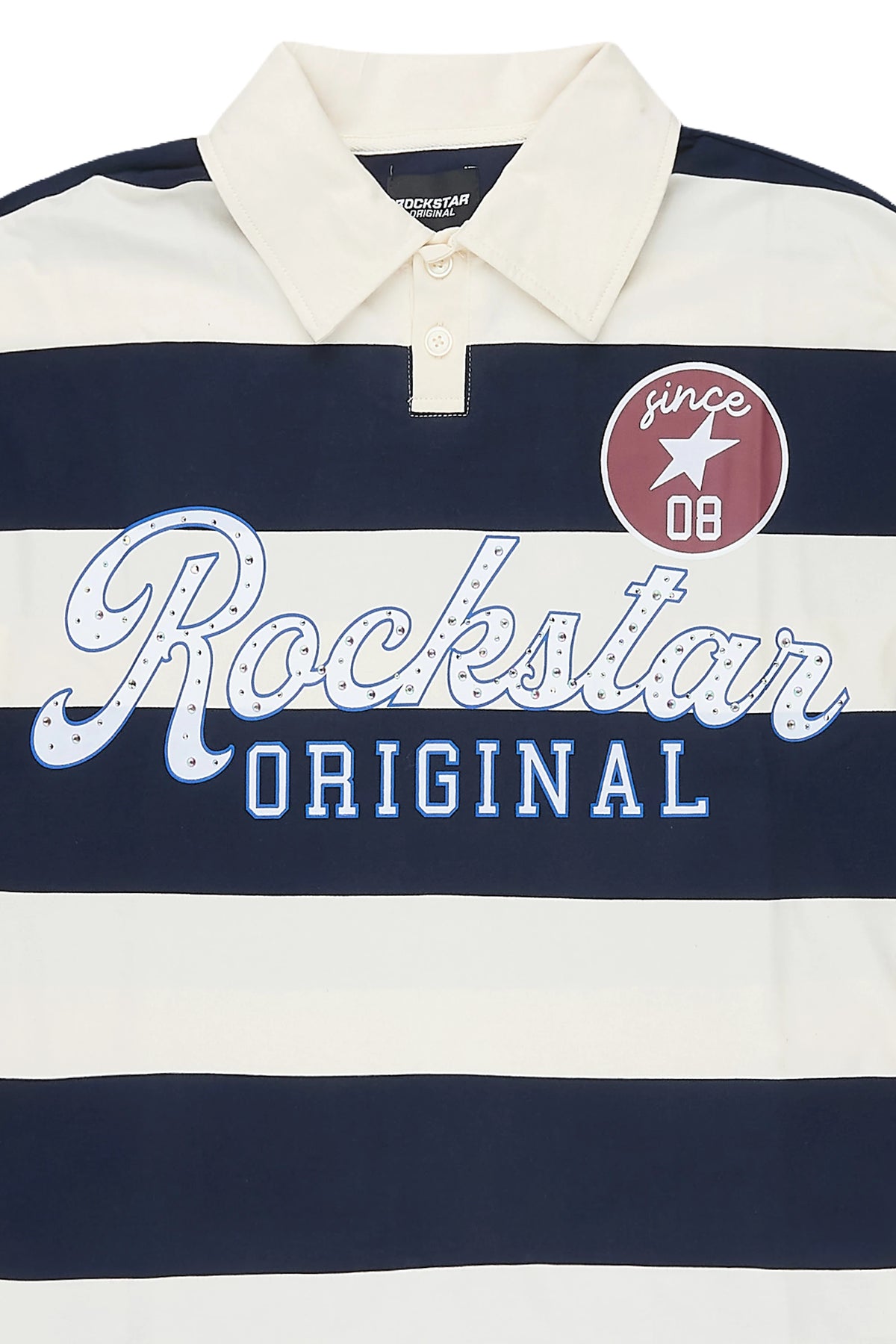 Prismo Navy/Cream Rhinestone Long Sleeve Polo Shirt