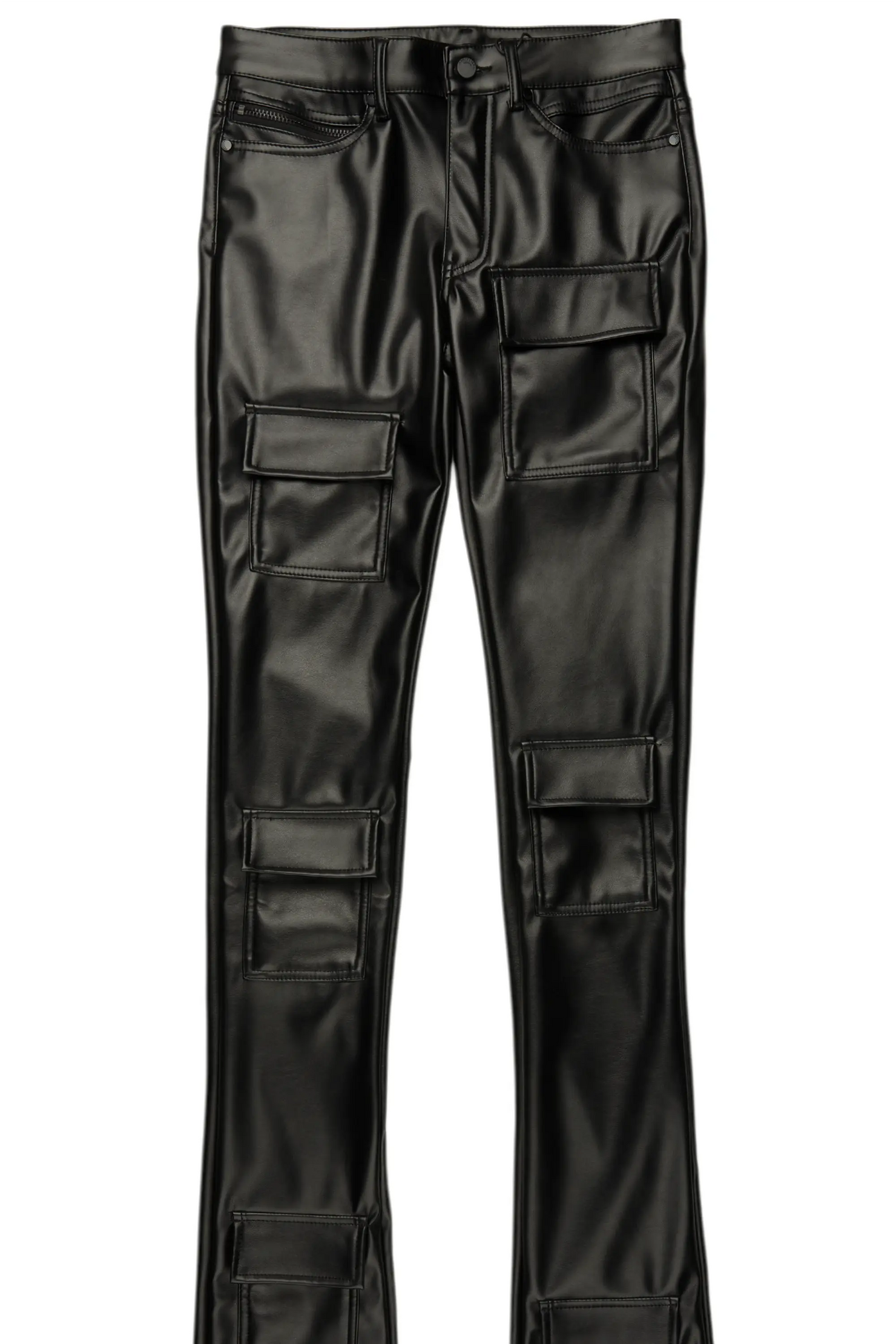 Petrus Black PU Stacked Flare Leather Jean