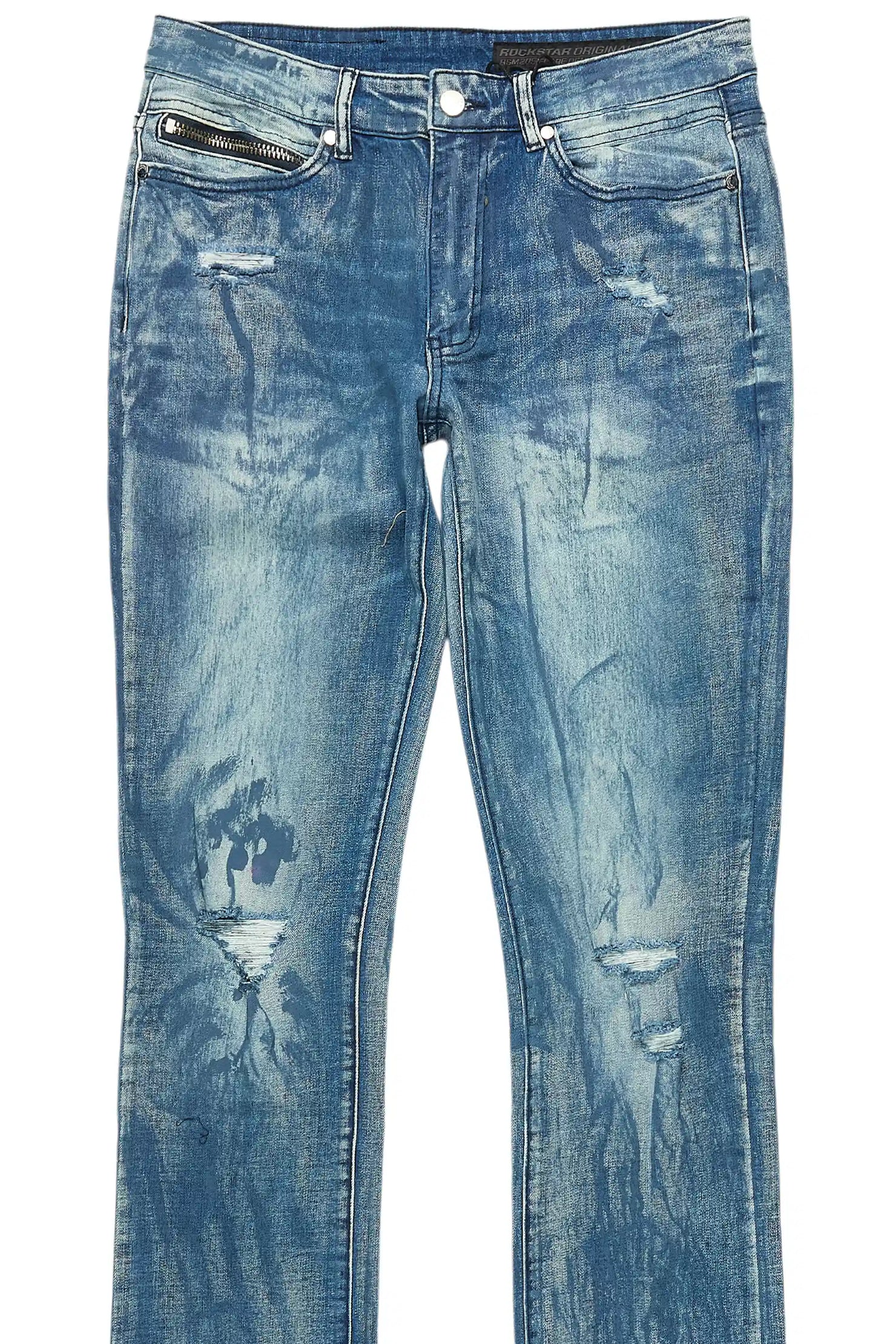 Inkspill Blue Oil Wash Stacked Flare Jean