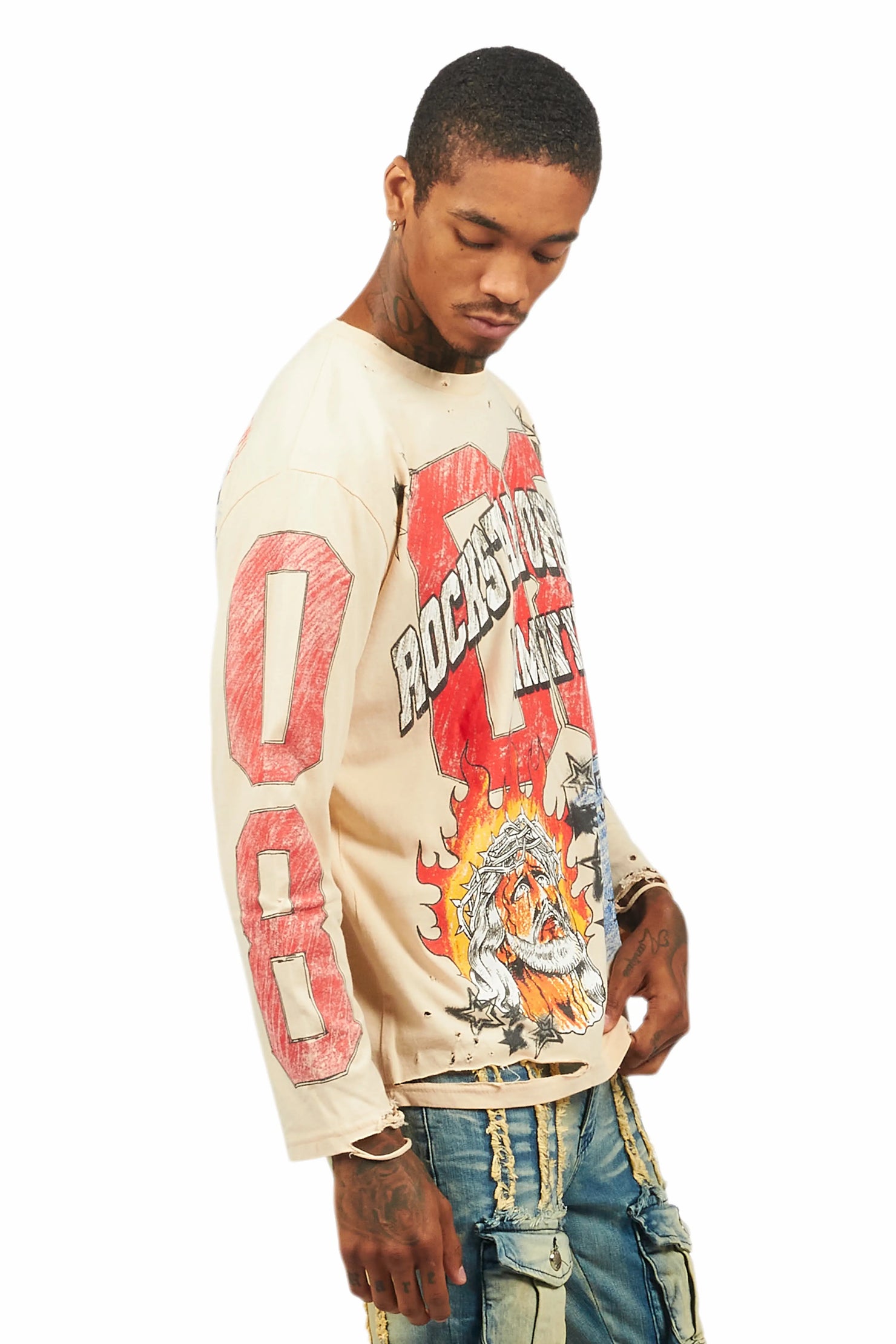 Jesus Crayon Vintage Sand Long Sleeve Graphic T-Shirt