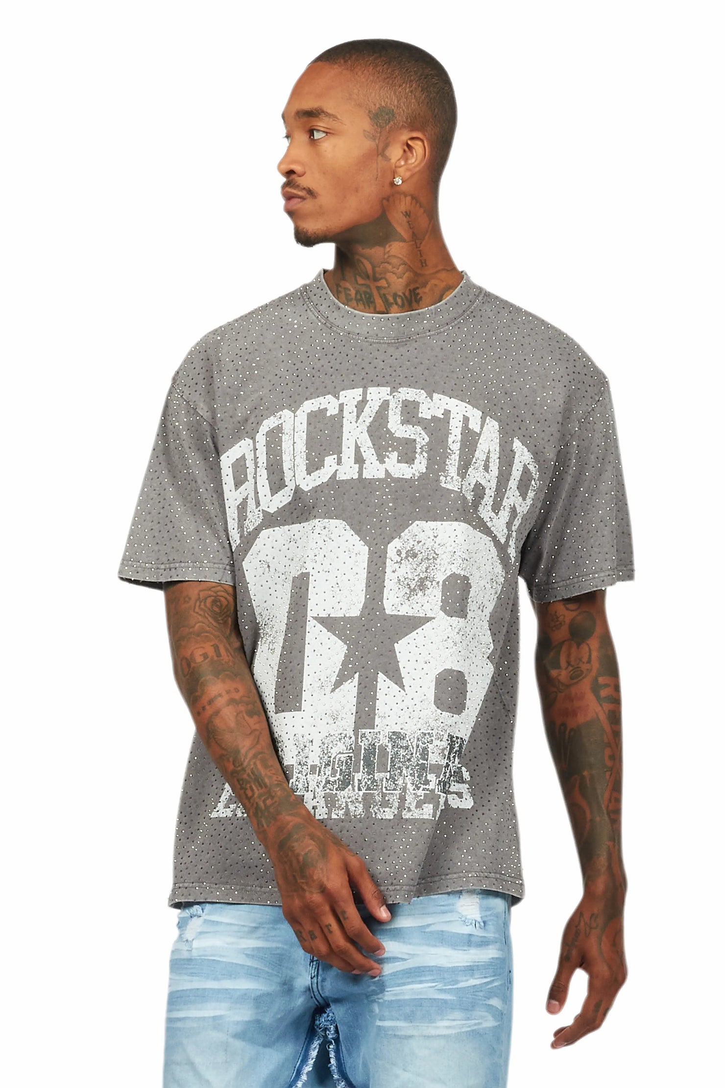 Flamur Grey Graphic Rhinestone T-Shirt
