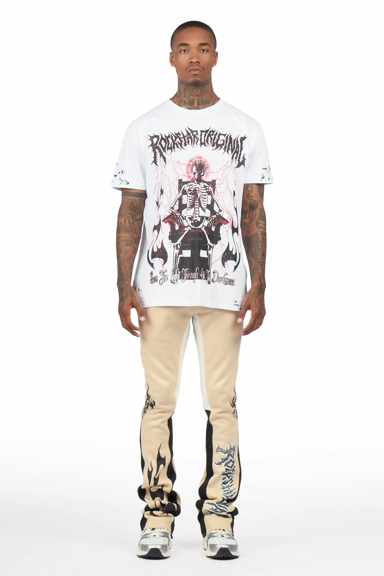 Deathrow 2.0 White/Beige T-Shirt/Stacked Flare Pant Set