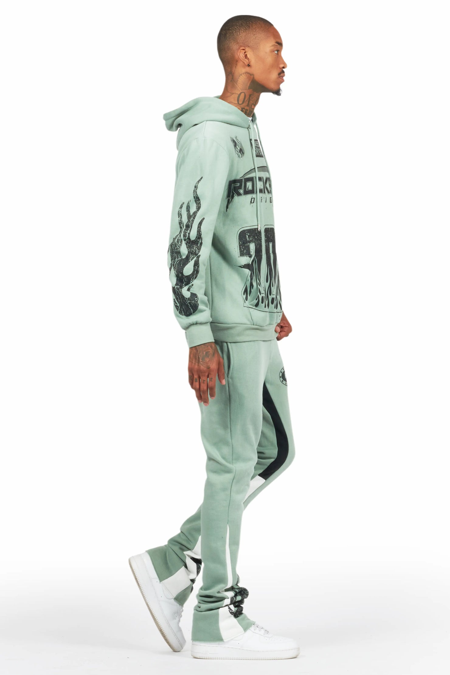 Amos Sage Stacked Flare Hoodie Track Set
