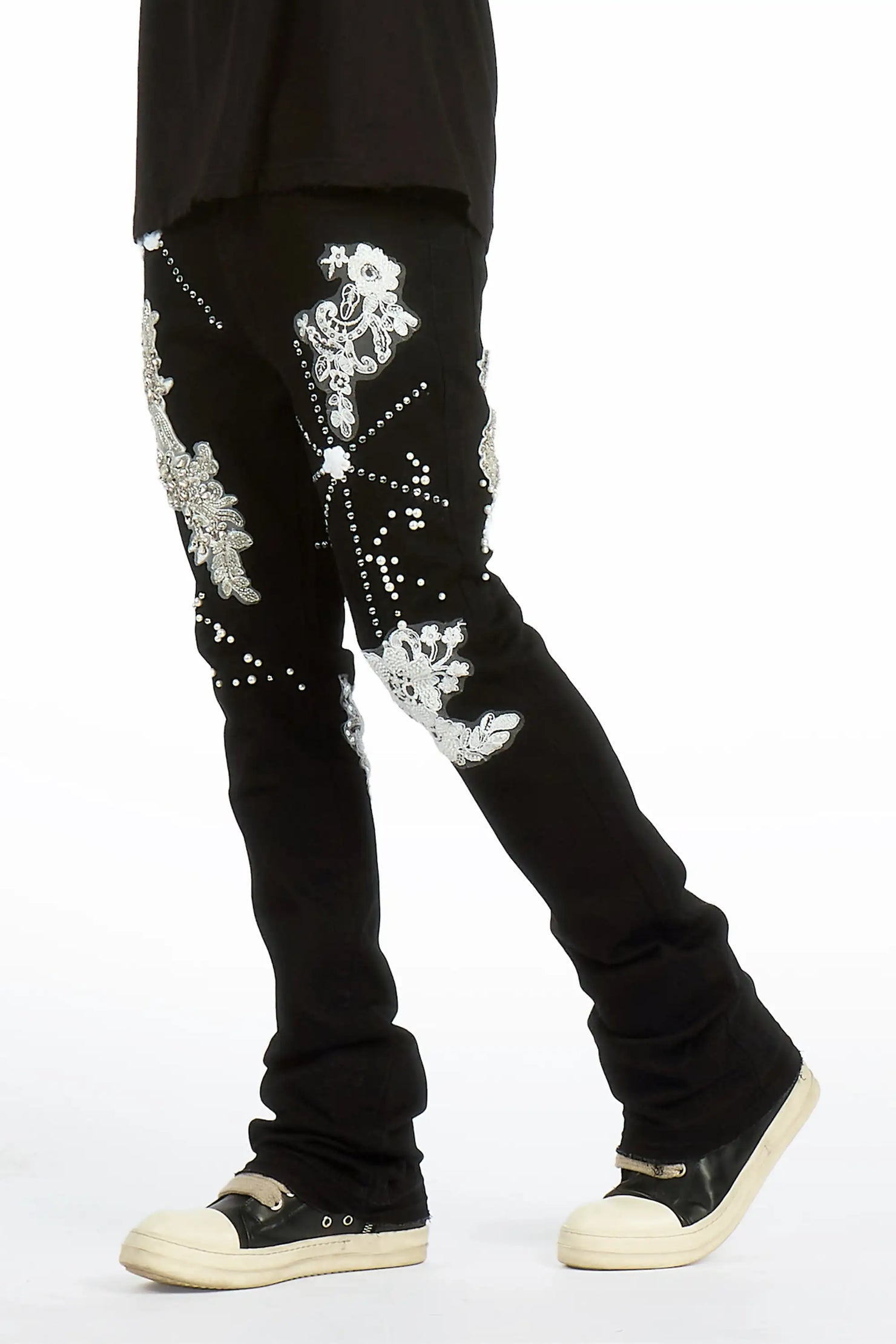Yezen Black Rhinestone Stacked Fit Jean