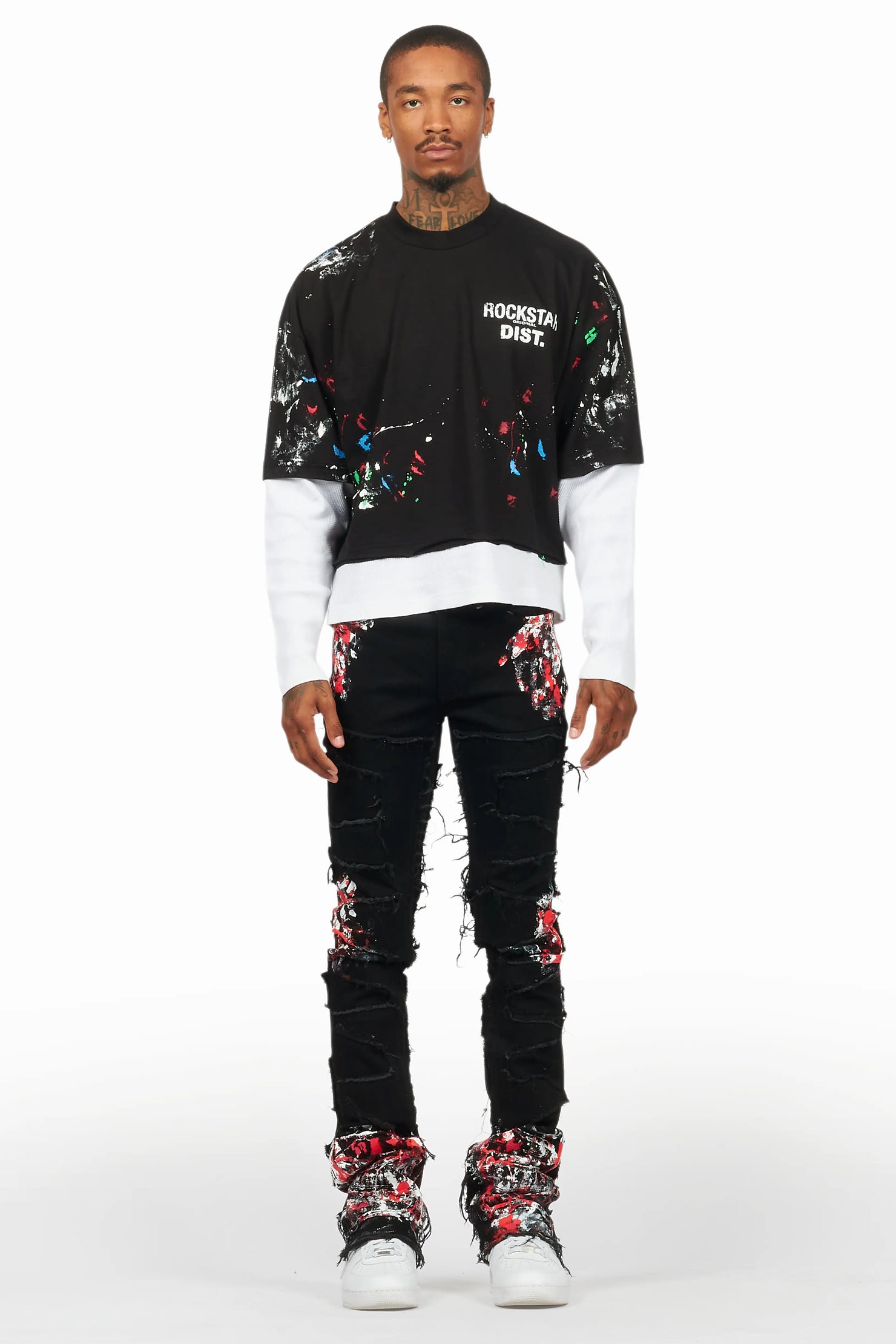 Kodak Black/Red Painter Stacked Flare Fringe Jean