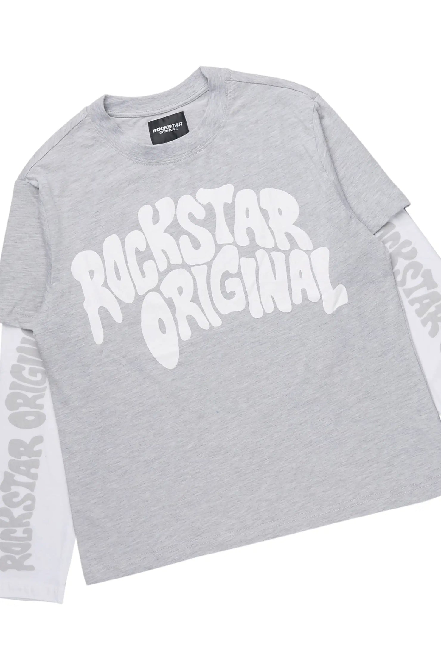 Girls Monique Grey Double Layer T-Shirt Stacked Flare Track Pant Set