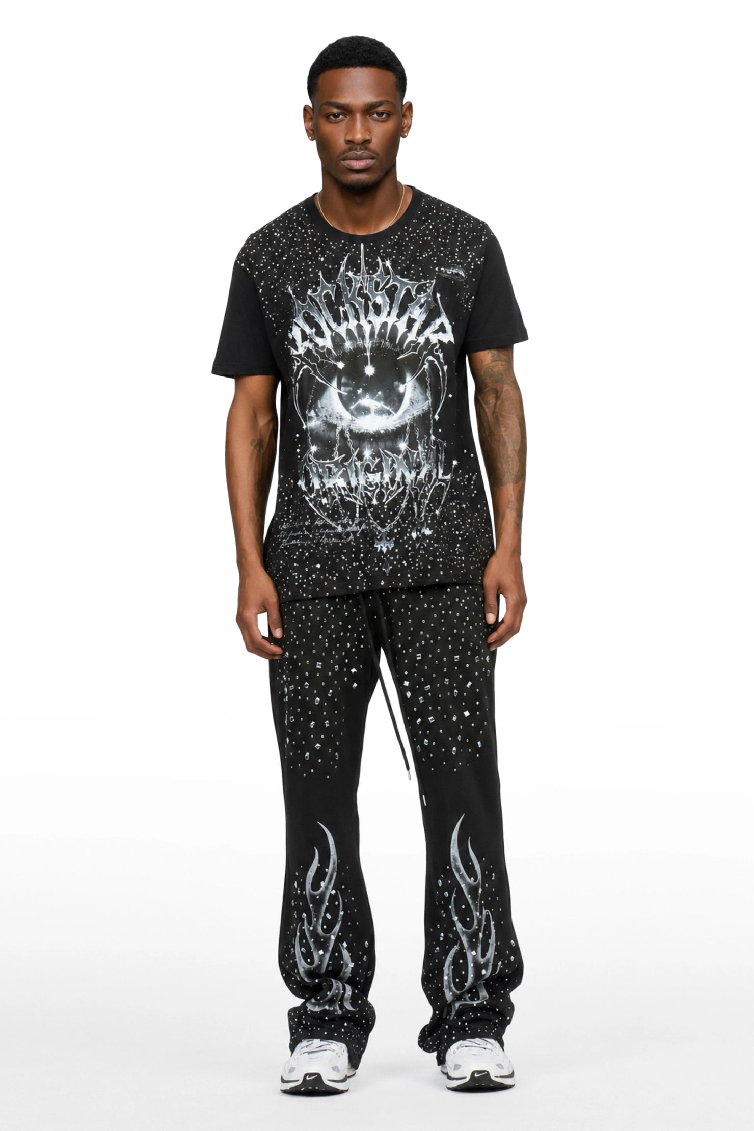 Malykz Black/Black Rhinestone T-shirt/Stacked Flare Track Pant Set