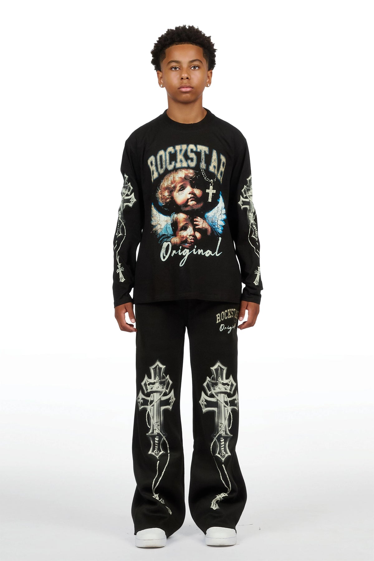 Boys Deiter Black/Black Long Sleeve  Graphic T-Shirt Track Set