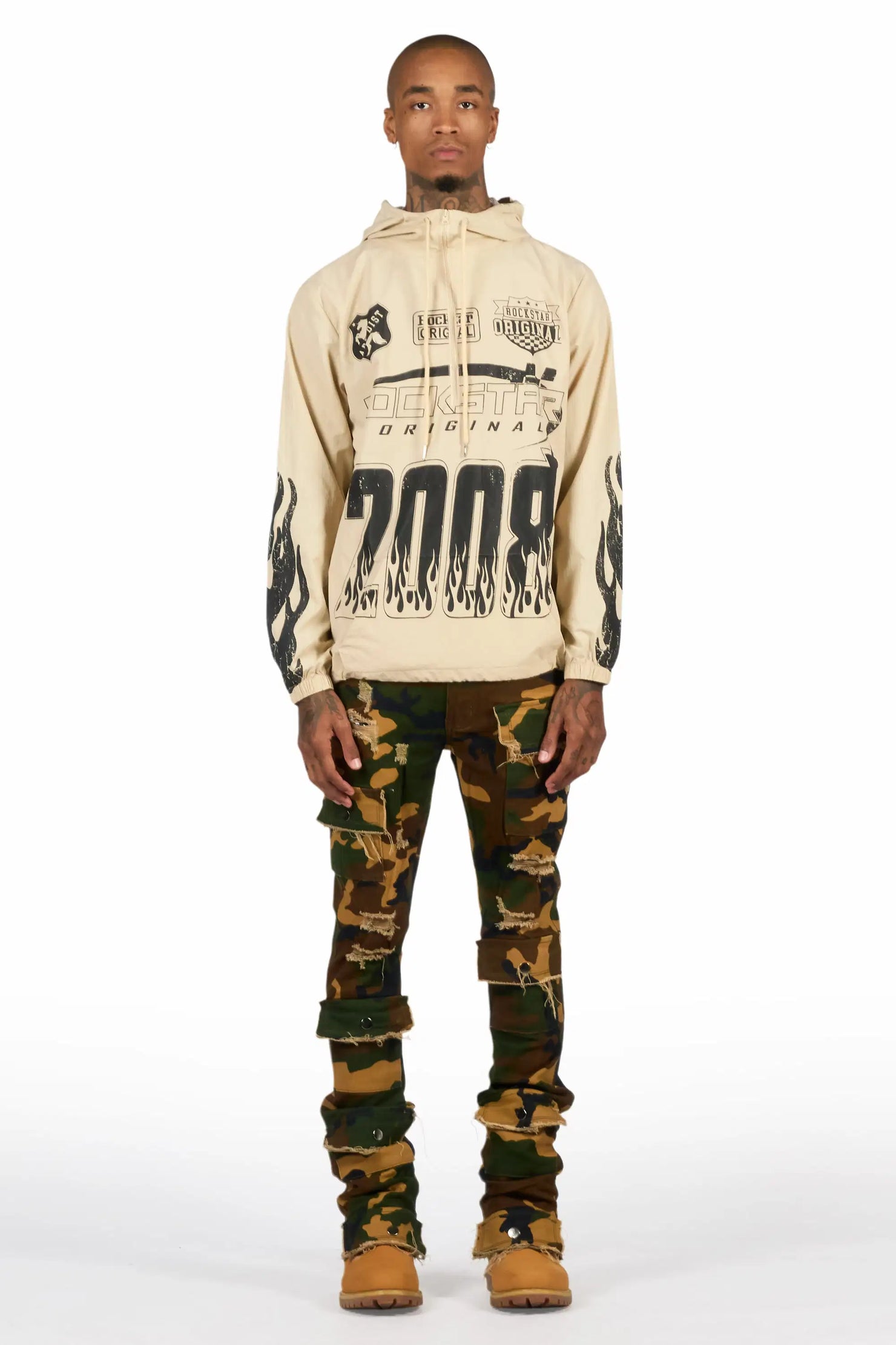 Amos Beige/Camo Windbreaker/Stacked Flare Jean Set