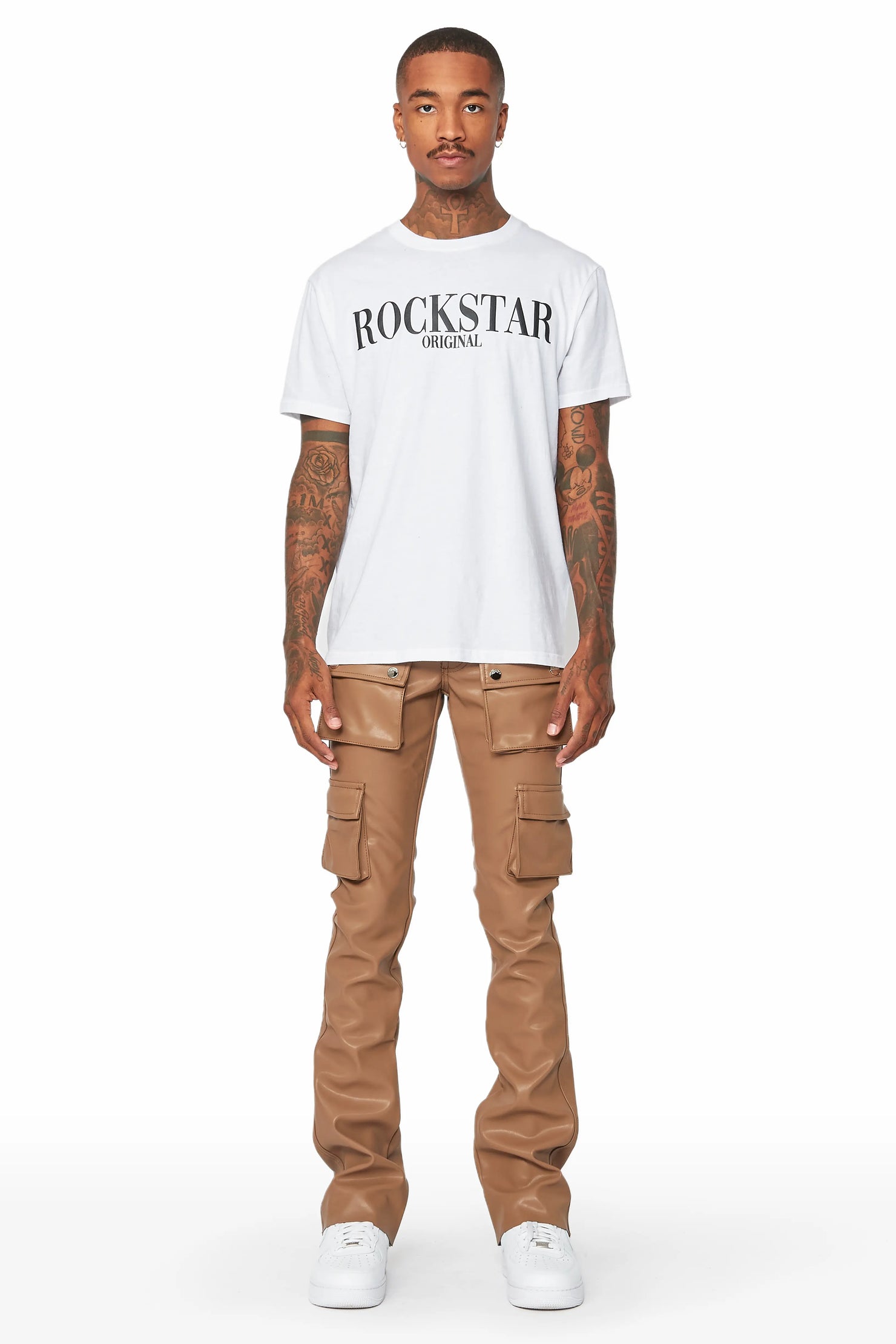 Khaza Tan Faux Leather Stacked Flare Jean