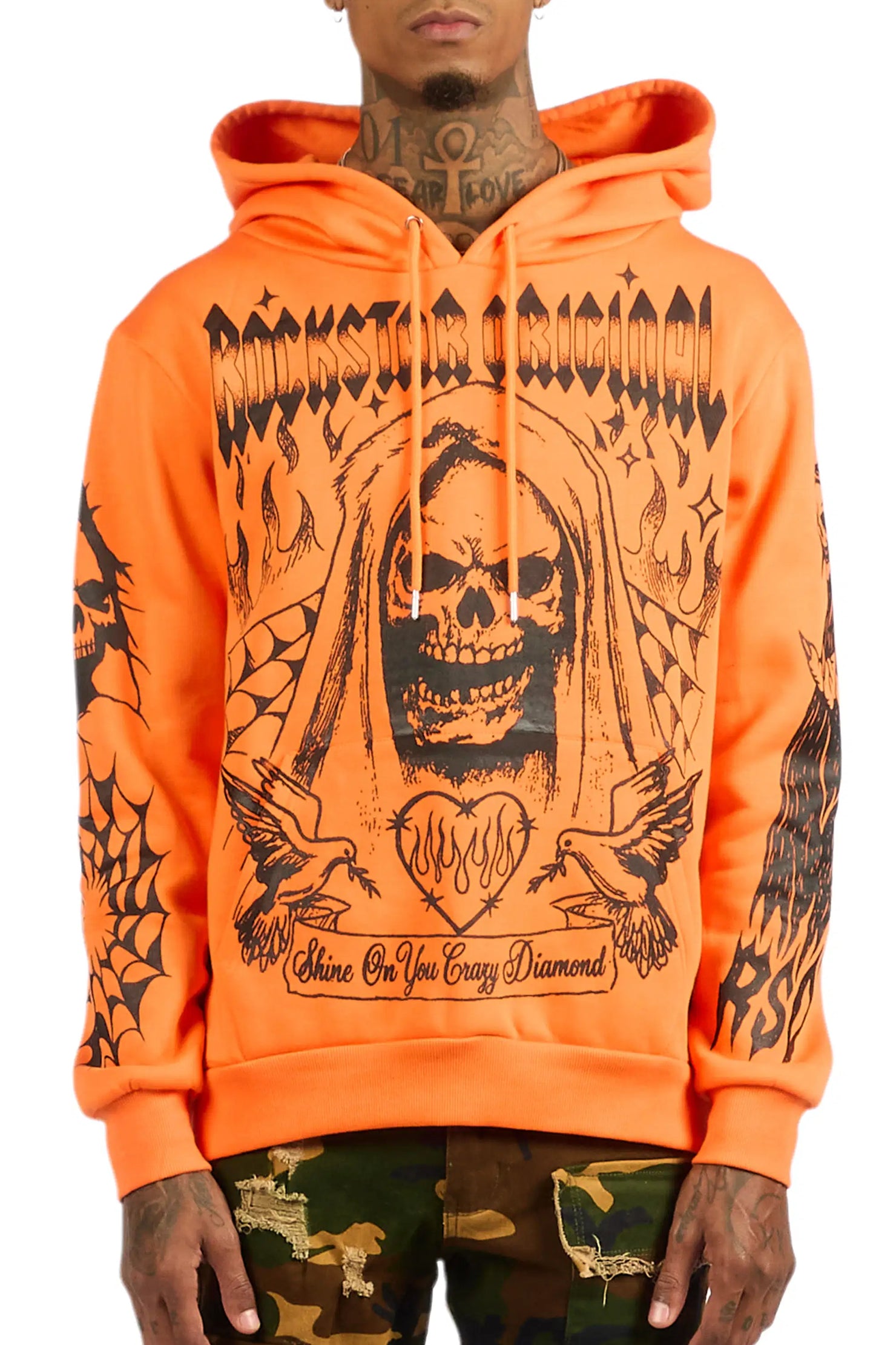 Pogboom Orange Graphic Distressed Relaxed Hoodie