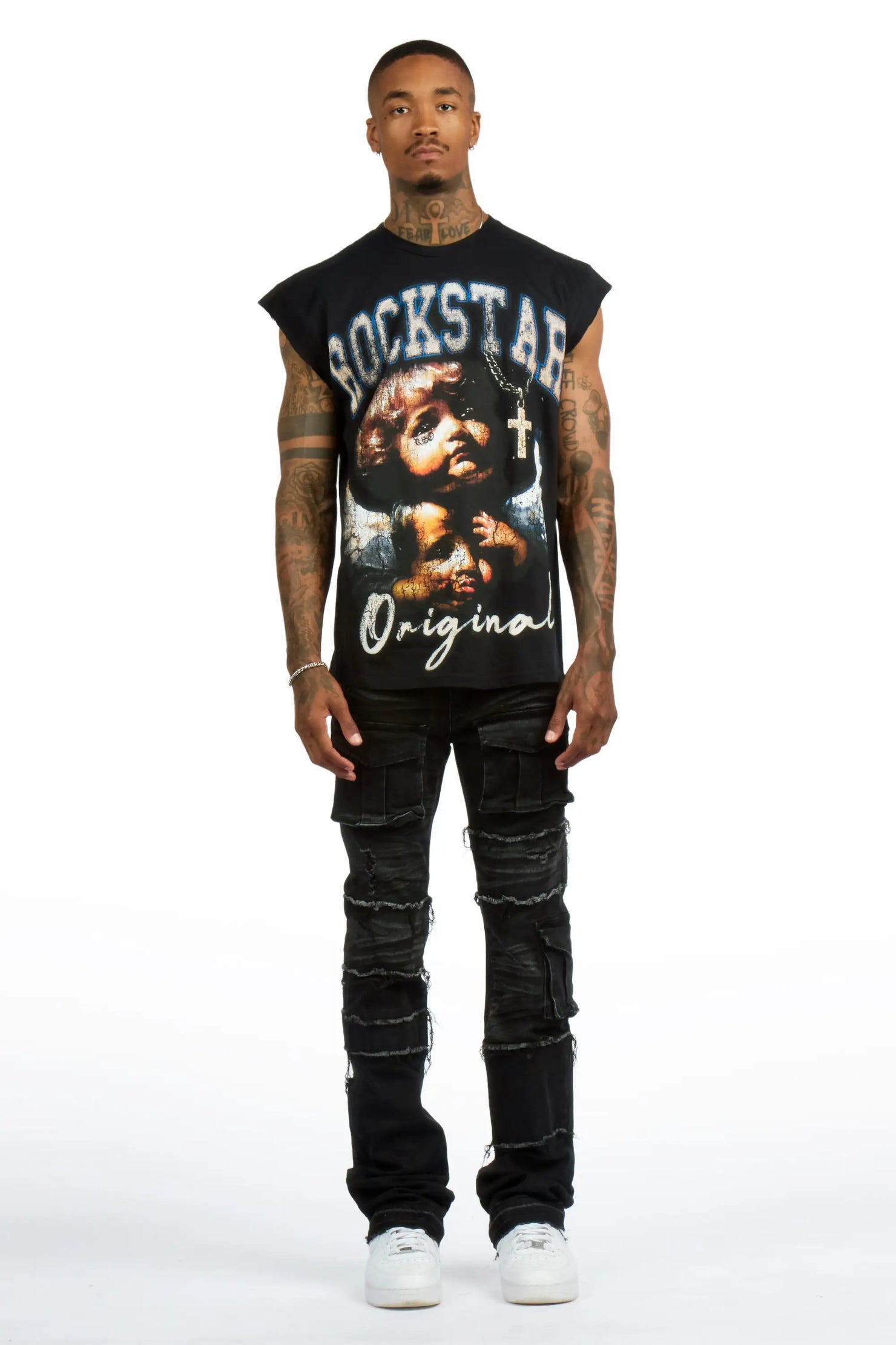 Deiter 2.0 Black Oversized Graphic T-Shirt & Folant Dark Grey Stacked Cargo Flare Jean Set