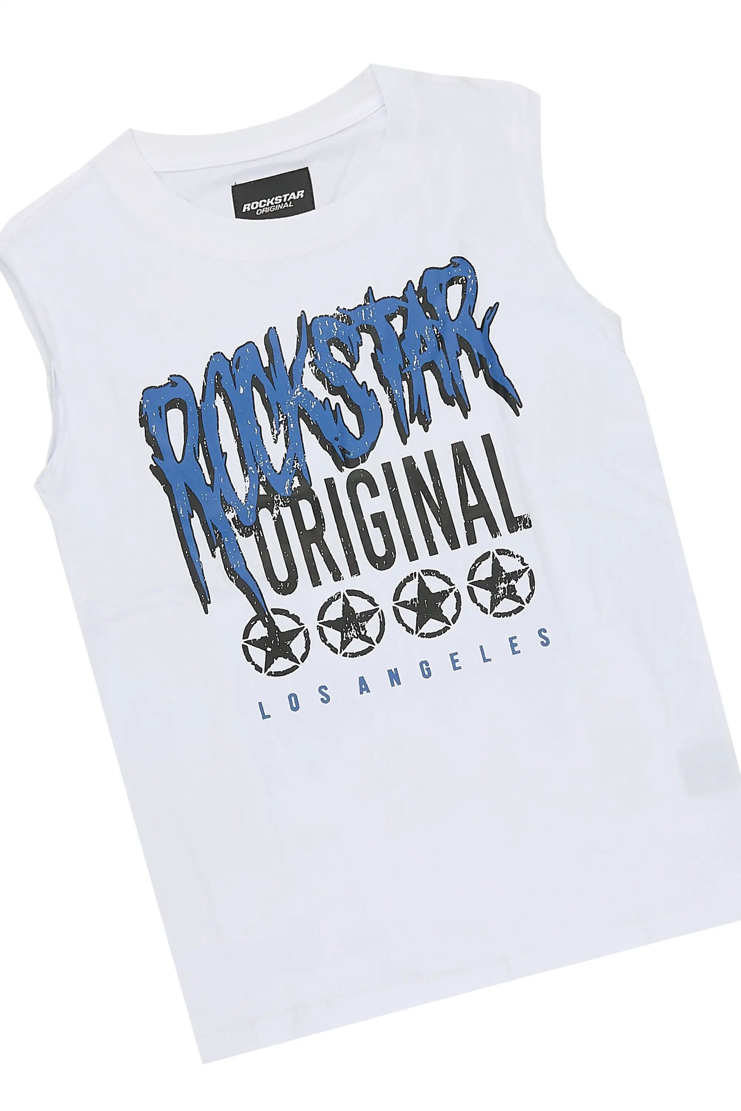 Boys Wizzurd White/Royal Cut Off T-Shirt Stacked Pant Set