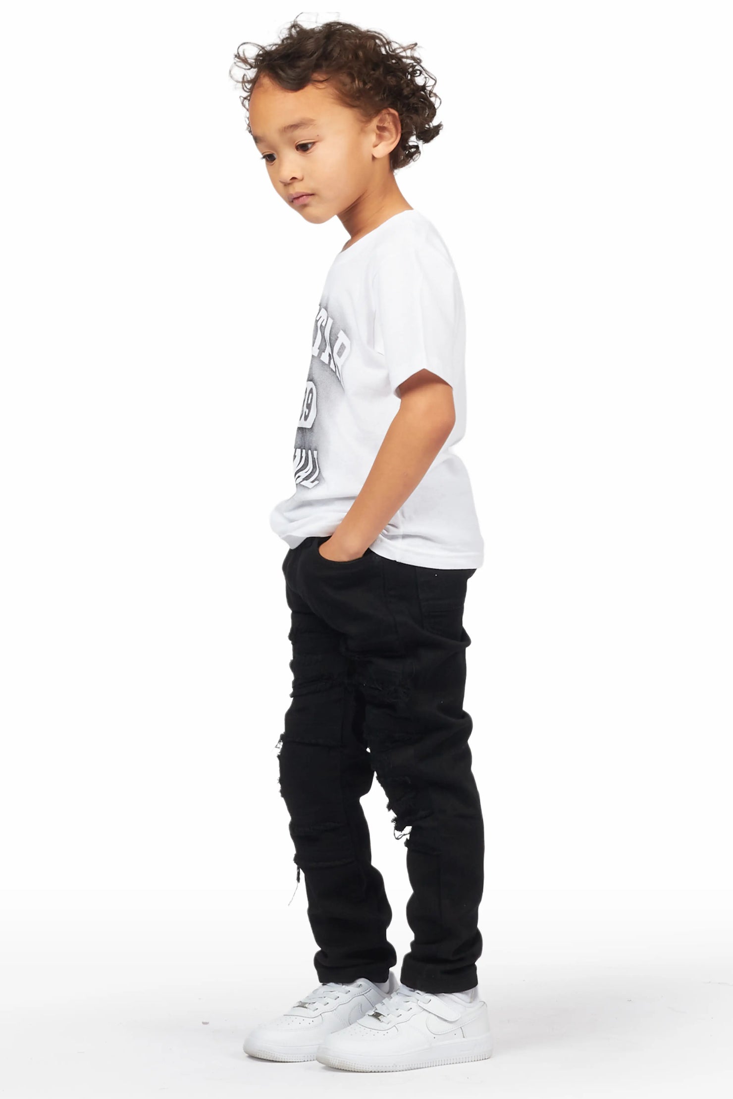 Boys Valko White/Black T-Shirt/Frayed Jean Set