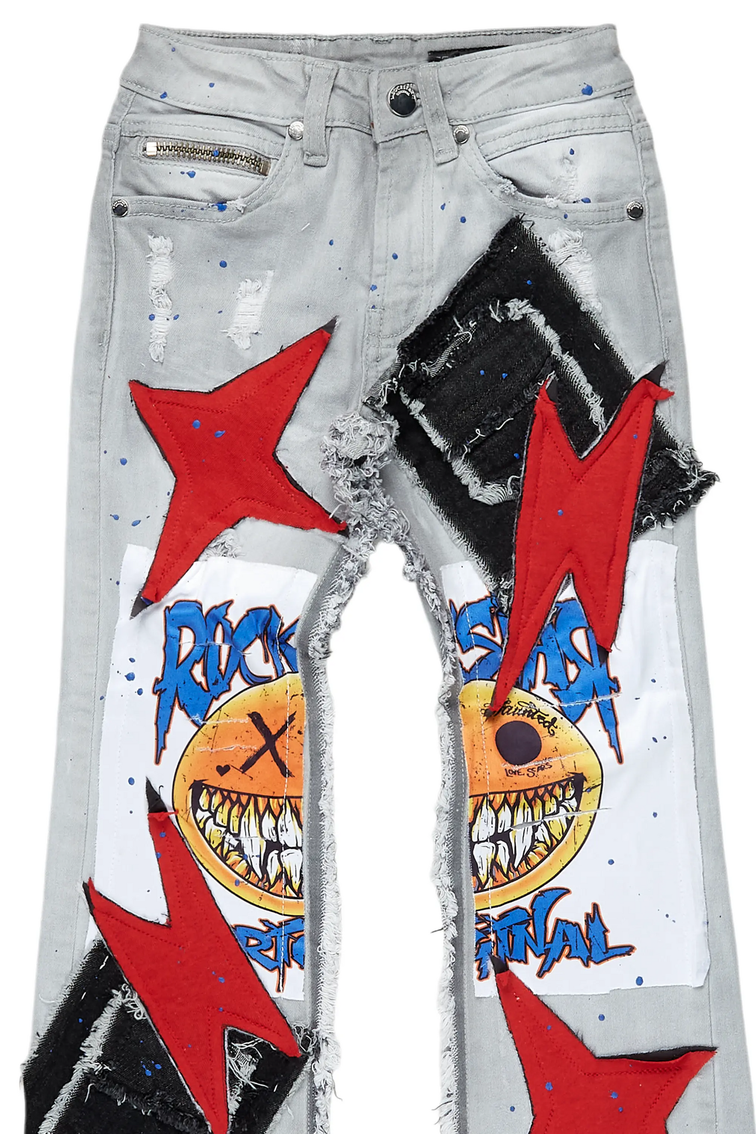 Boys Fraust Light Grey Patchwork Stacked Flare Jean