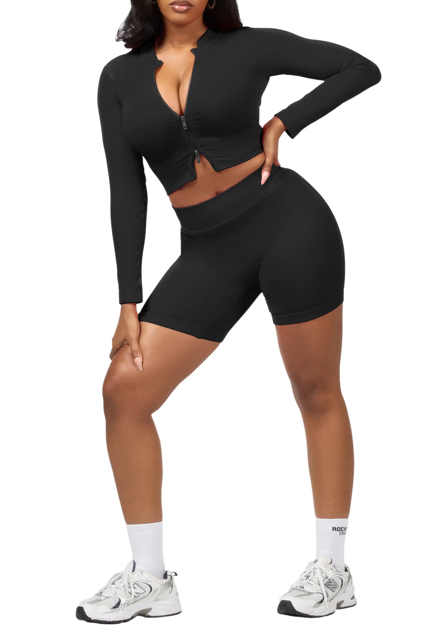Candree Black Zip Up Active Bike Short Set