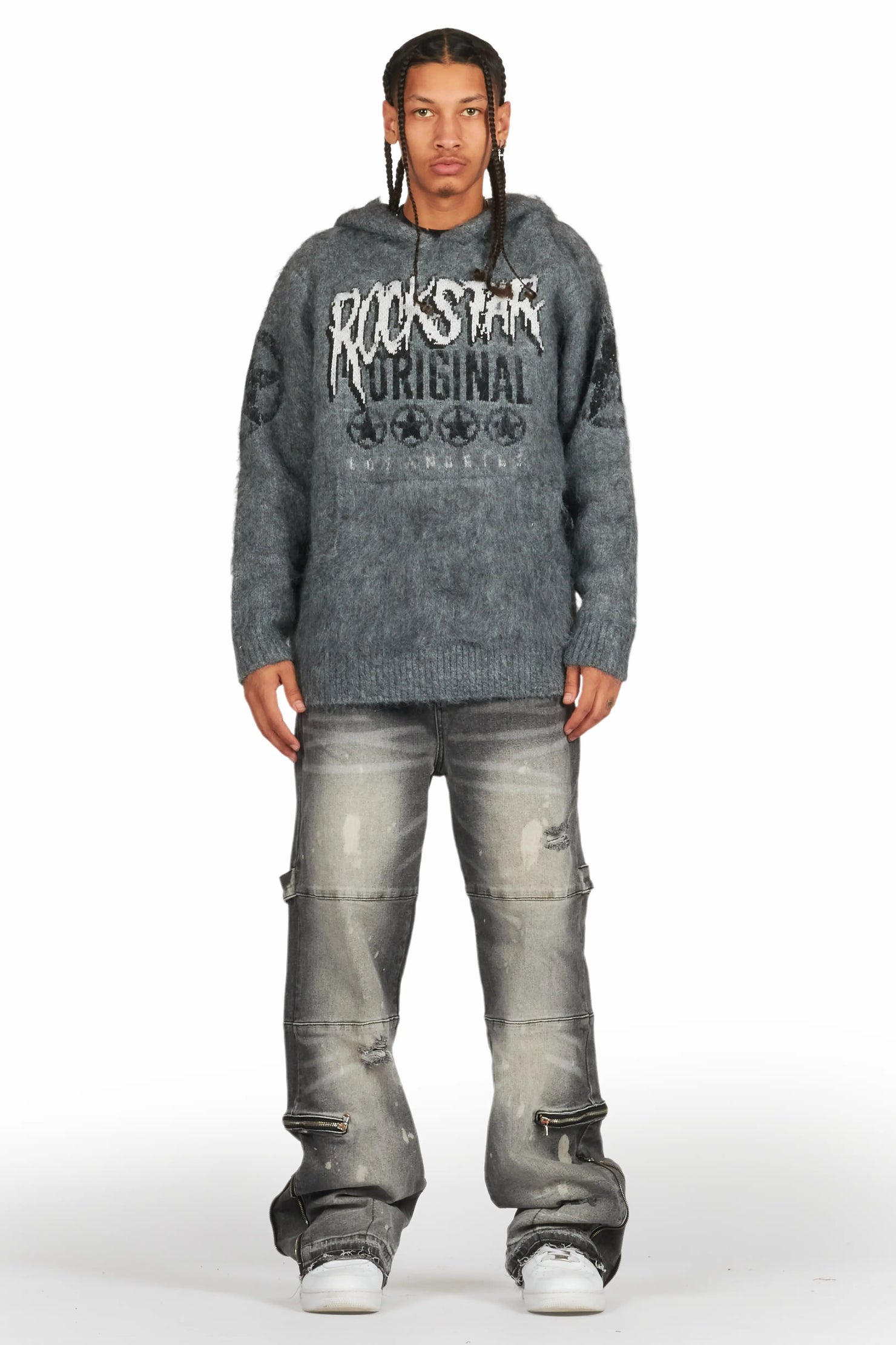 Wizzurd Grey Graphic Knitted Hoodie