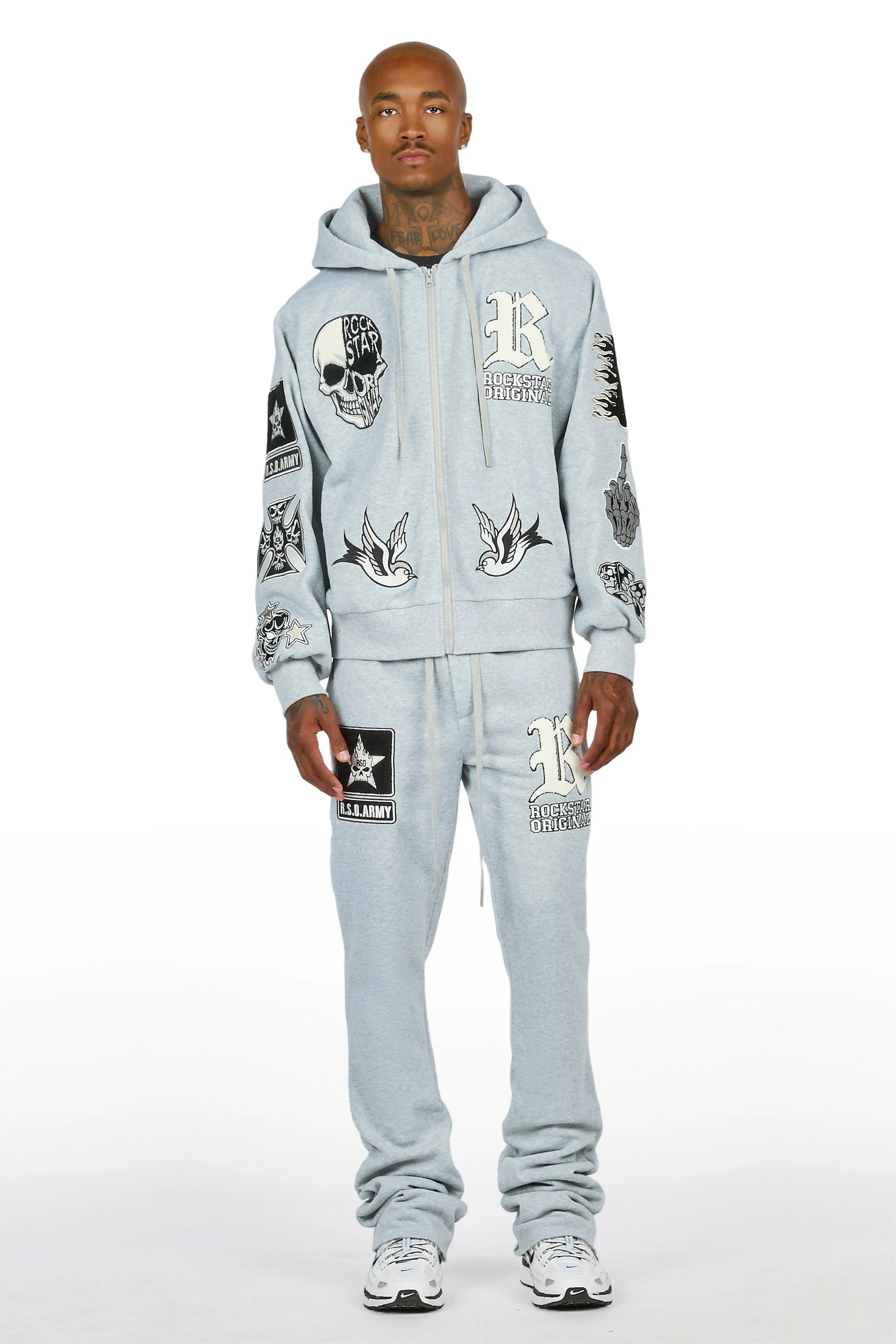 Vidar Heather Grey Zip Up Hoodie Stacked Track Set