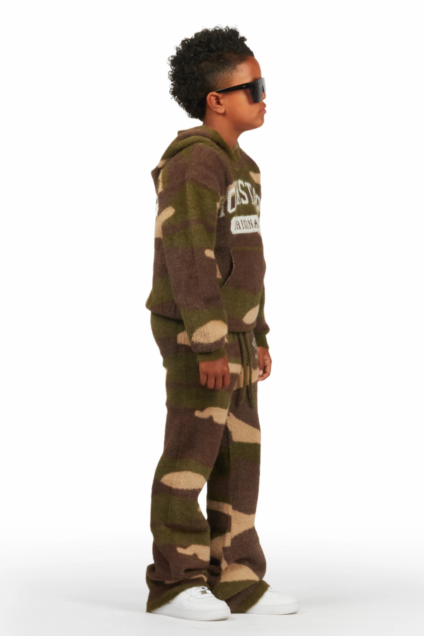 Boys Member Green Camo Stacked Flare Knitted Mohair Track Set