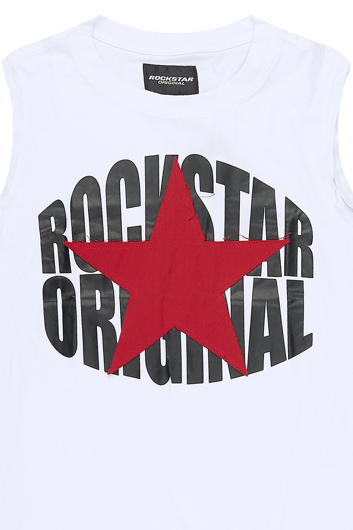 Boys State White/Red Cut Off  Graphic T-Shirt with Patch