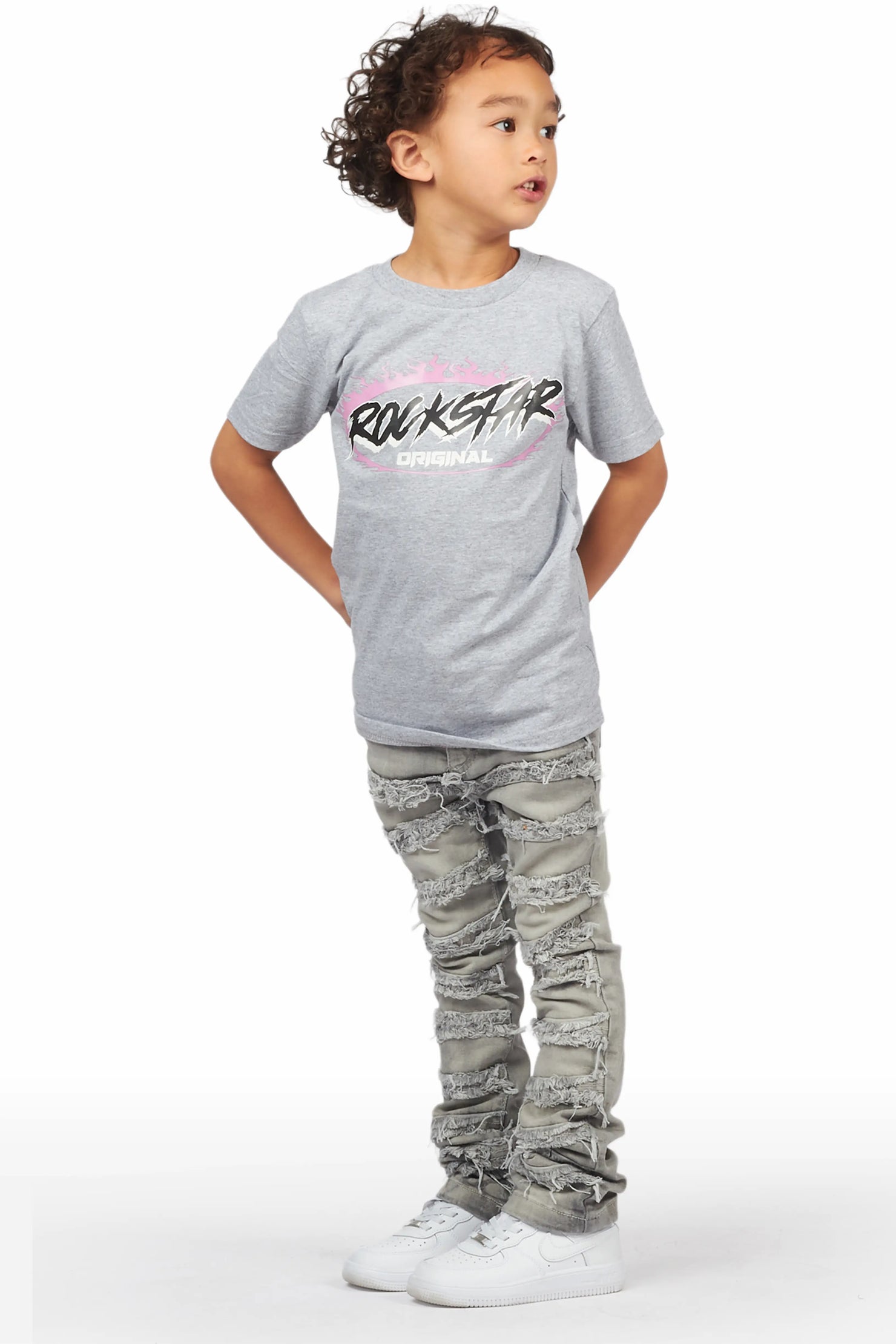 Boys Kaiko Grey T-Shirt/Frayed Skinny Stacked Flare Jean Set