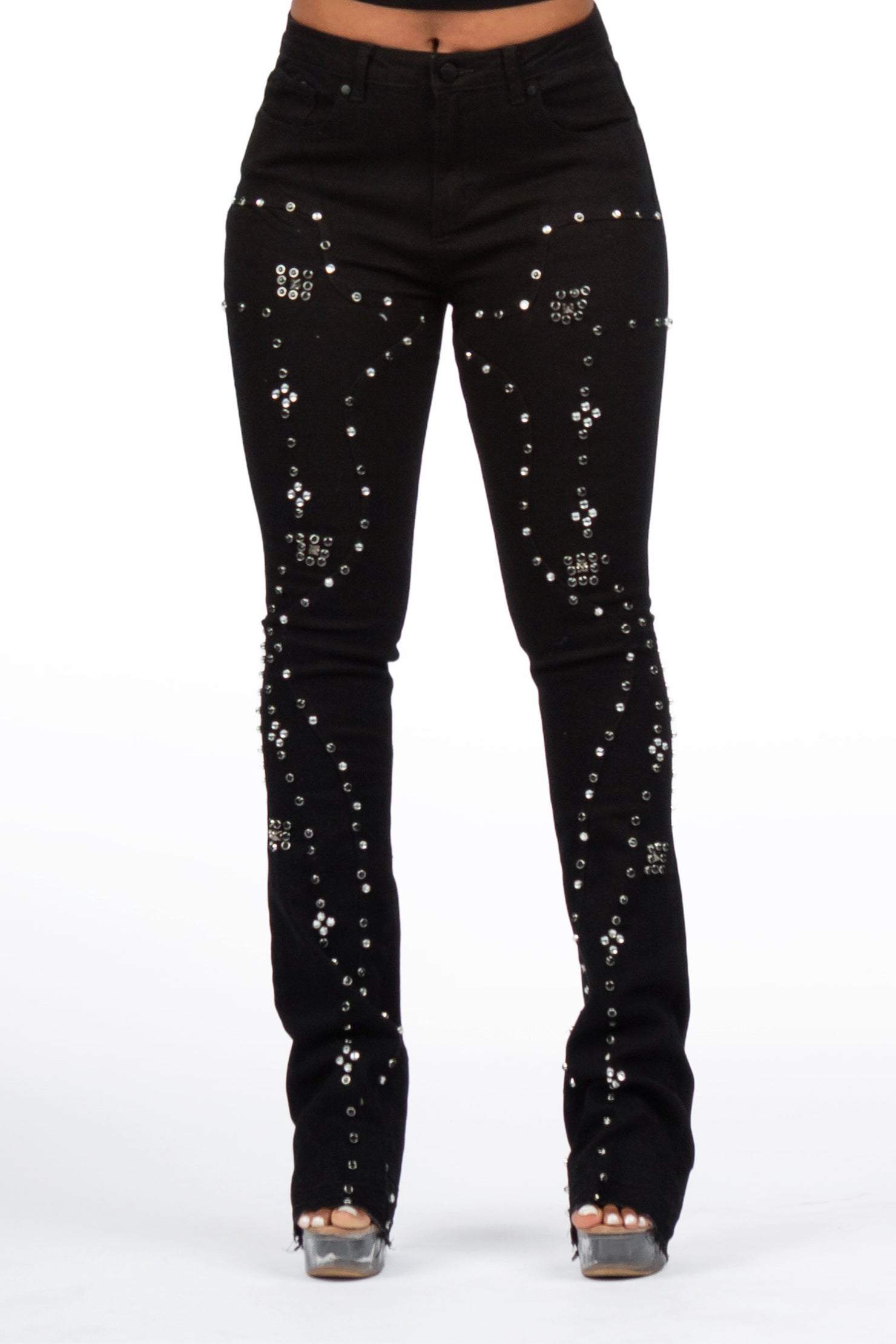 Inesia Black Studded Stacked Flare Jean