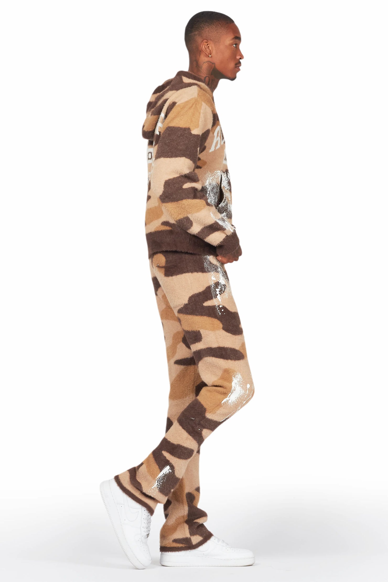 Salim Camo Brown Stacked Flare Knitted Mohair Track Set