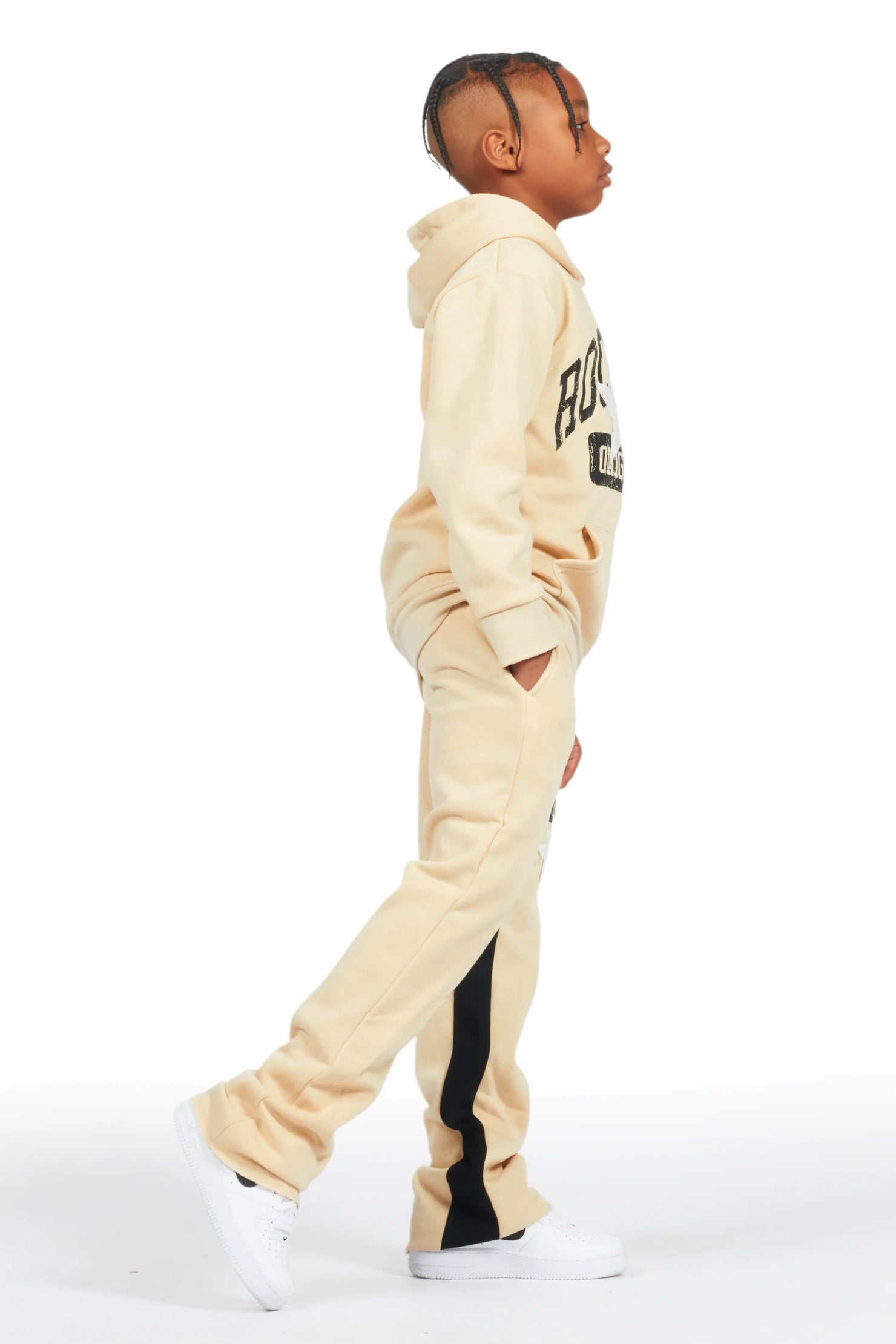 Boys Mallor Beige/White Baggy Stacked Hoodie Track Set