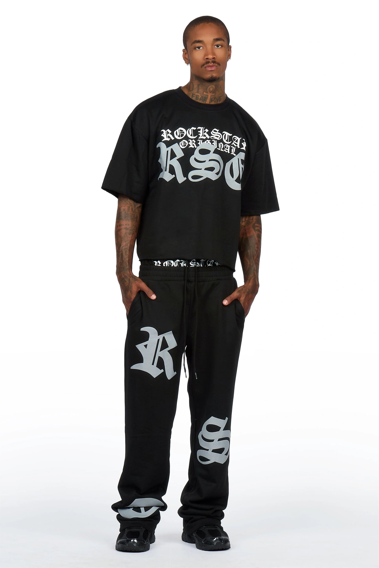 Burke Black Chenille Patch Boxy Tee/Double Waistband Pant Track Set