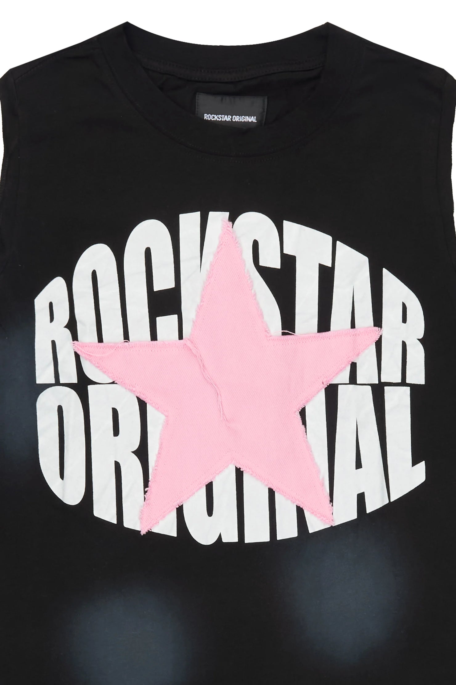 Girls Khaly Black/Pink Cut Off Graphic T-Shirt with Patch