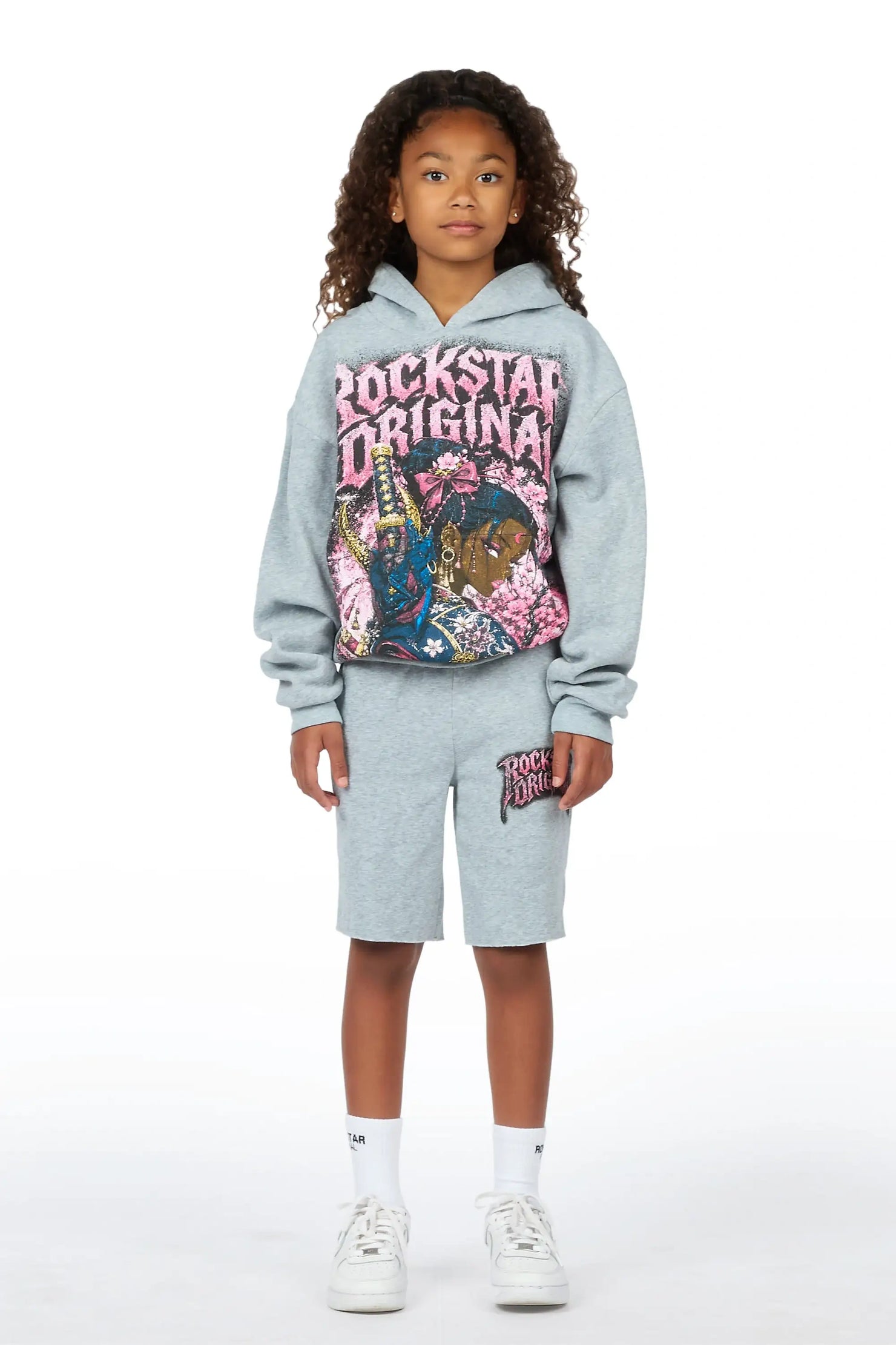 Girls Kavera Heather Grey Graphic Hoodie Short Set