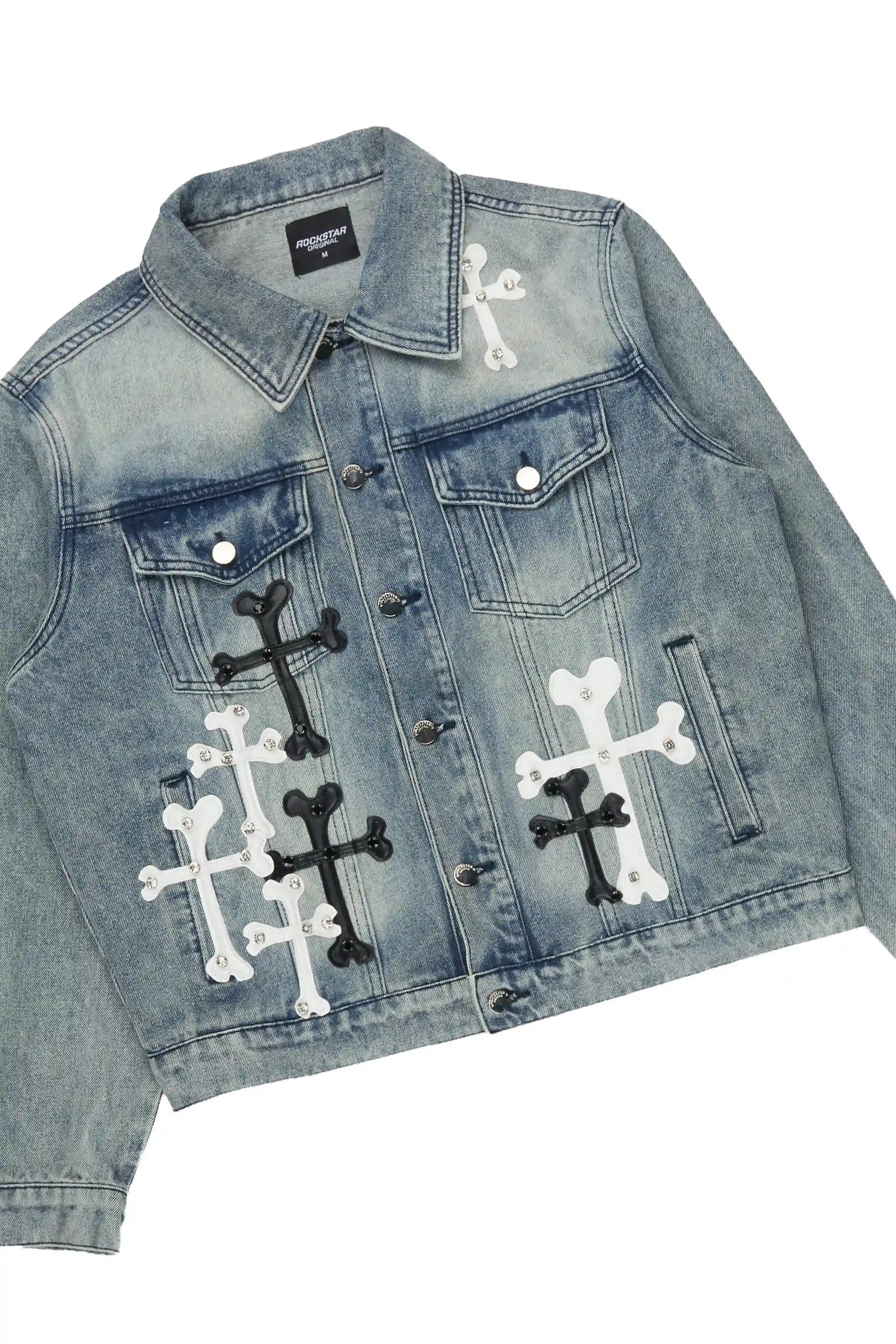 Olivier Medium Blue Patch Rhinestone Denim Jacket/Stacked Flare Jean Set