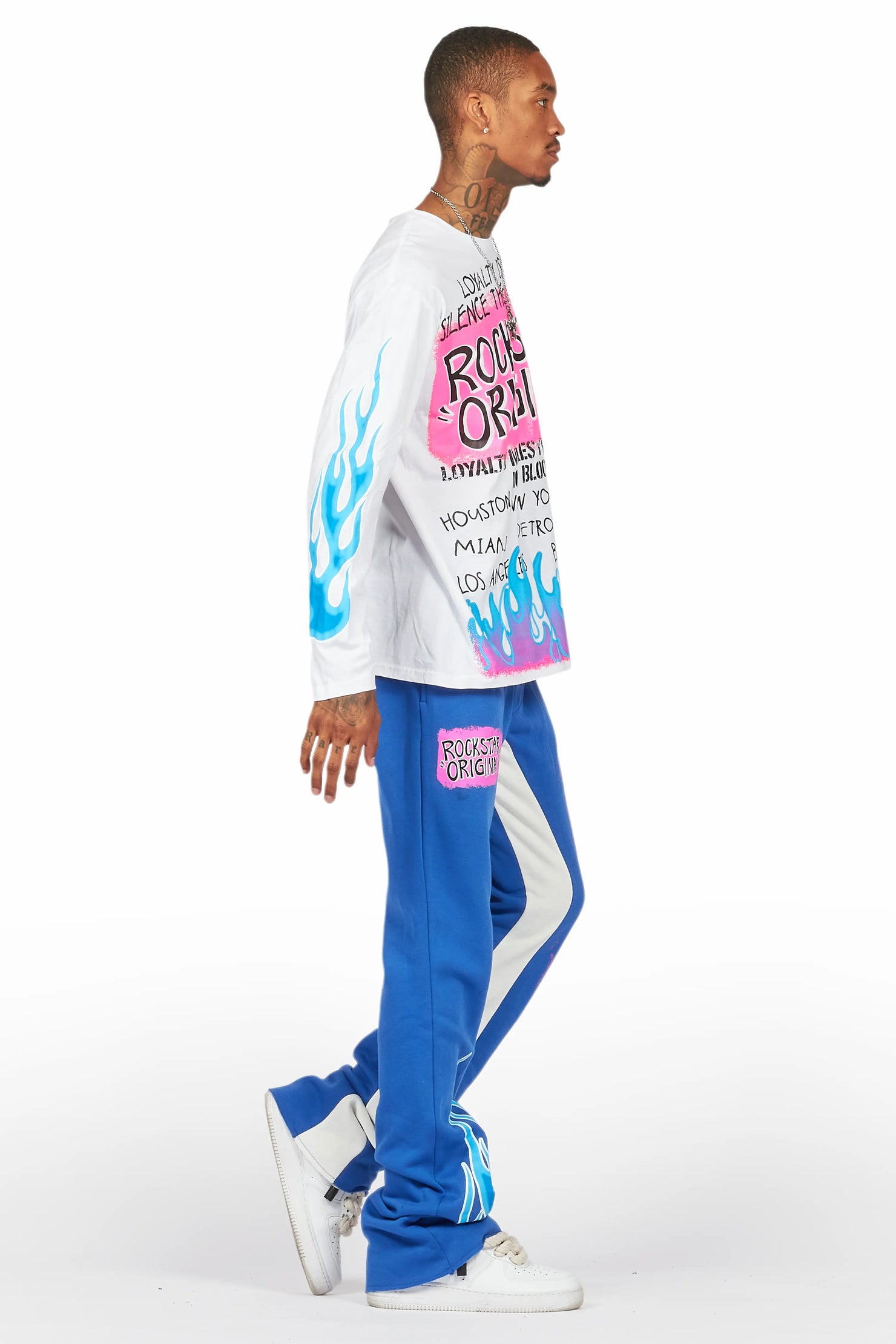 Beno White/Royal Long Sleeve T-Shirt/Baggy Pant Set