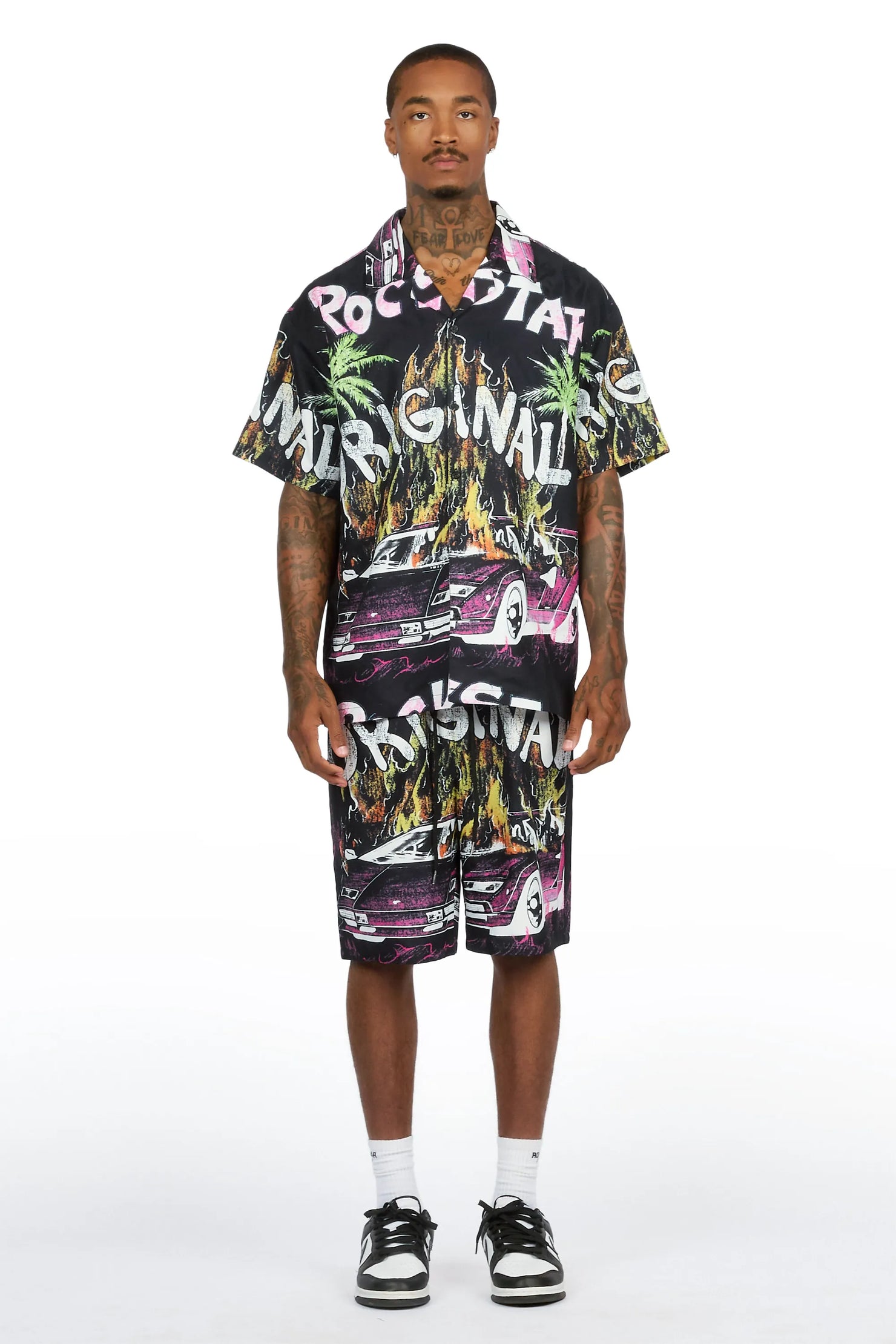 Axrian Black Button Down T-Shirt/Short Set