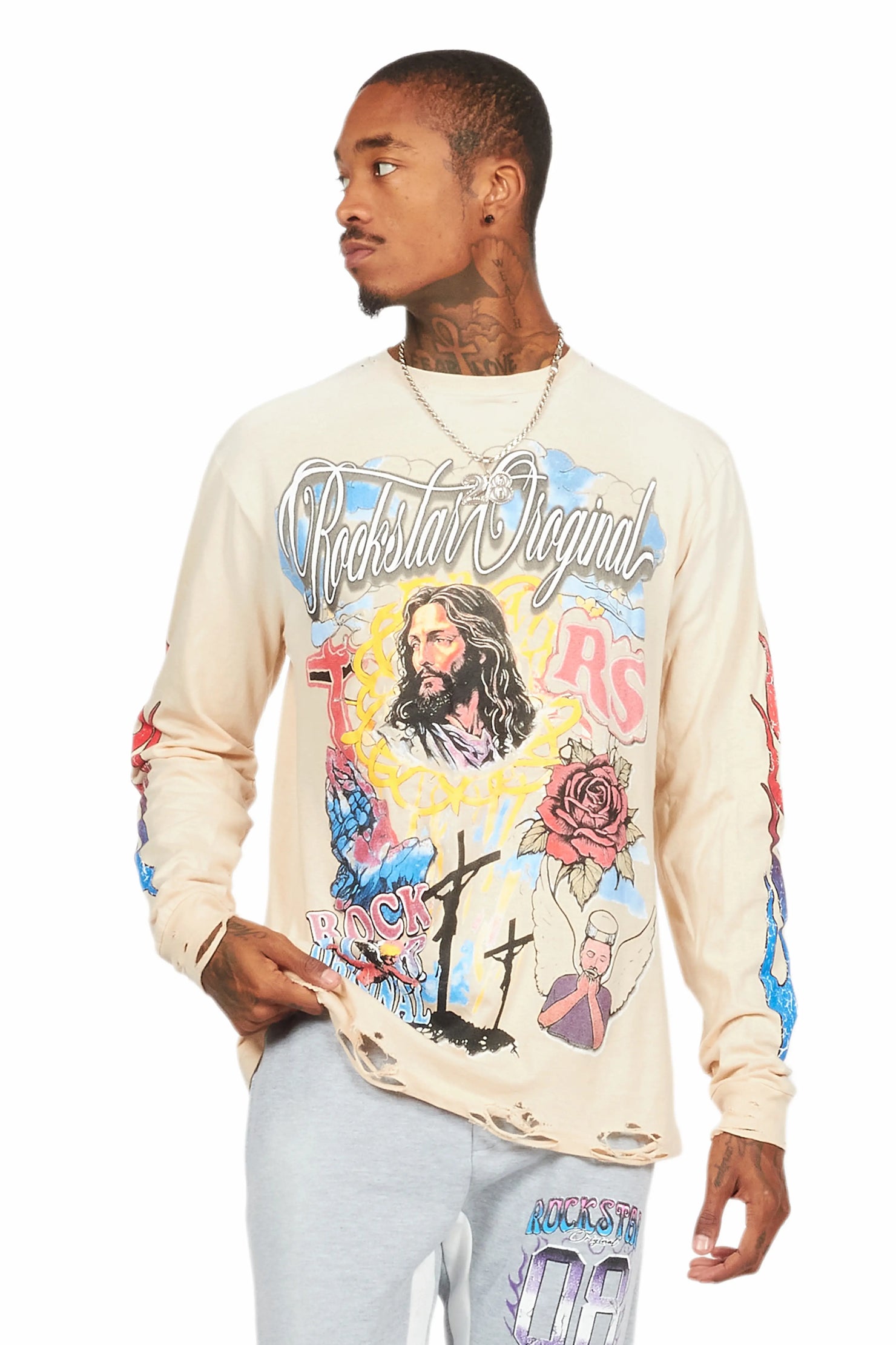Tadashi Beige Long Sleeve Graphic T-Shirt