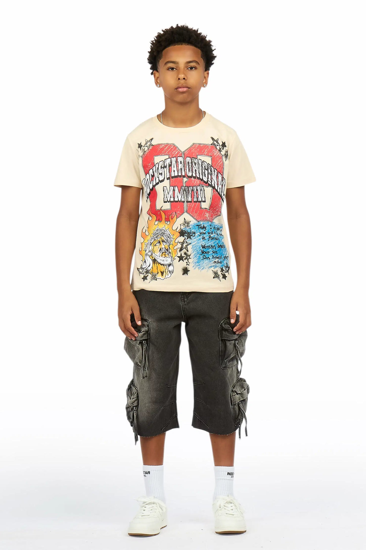 Boys Jesus Crayon Sand/Black T-Shirt/Denim Jort Set