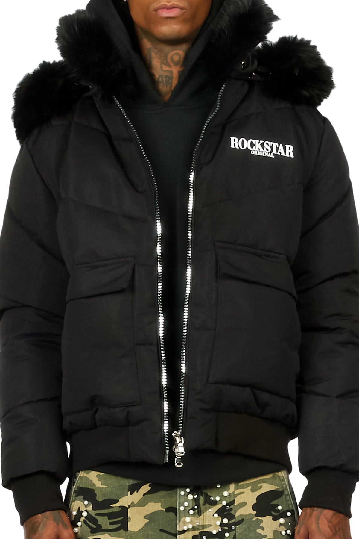 Langston Black Puffer Jacket with Fur Hood