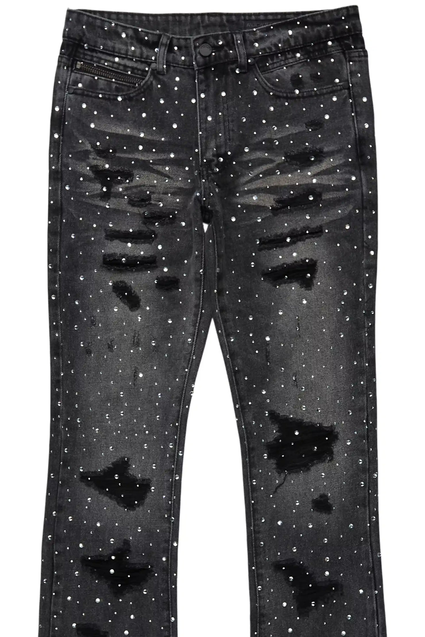 Stunt Dark Grey Rhinestone Stacked Flare Jean