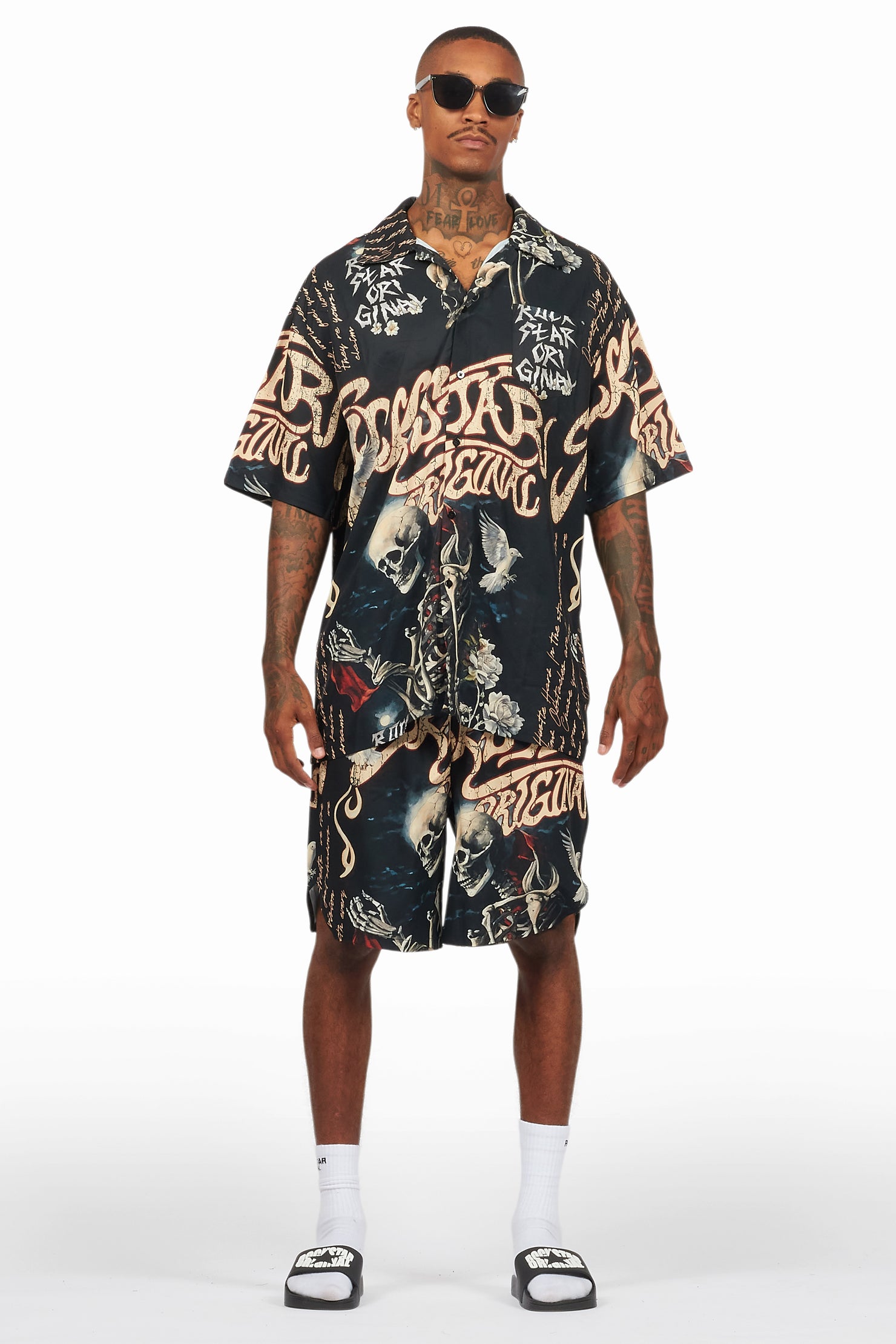 Clout Black Button Down Short Set