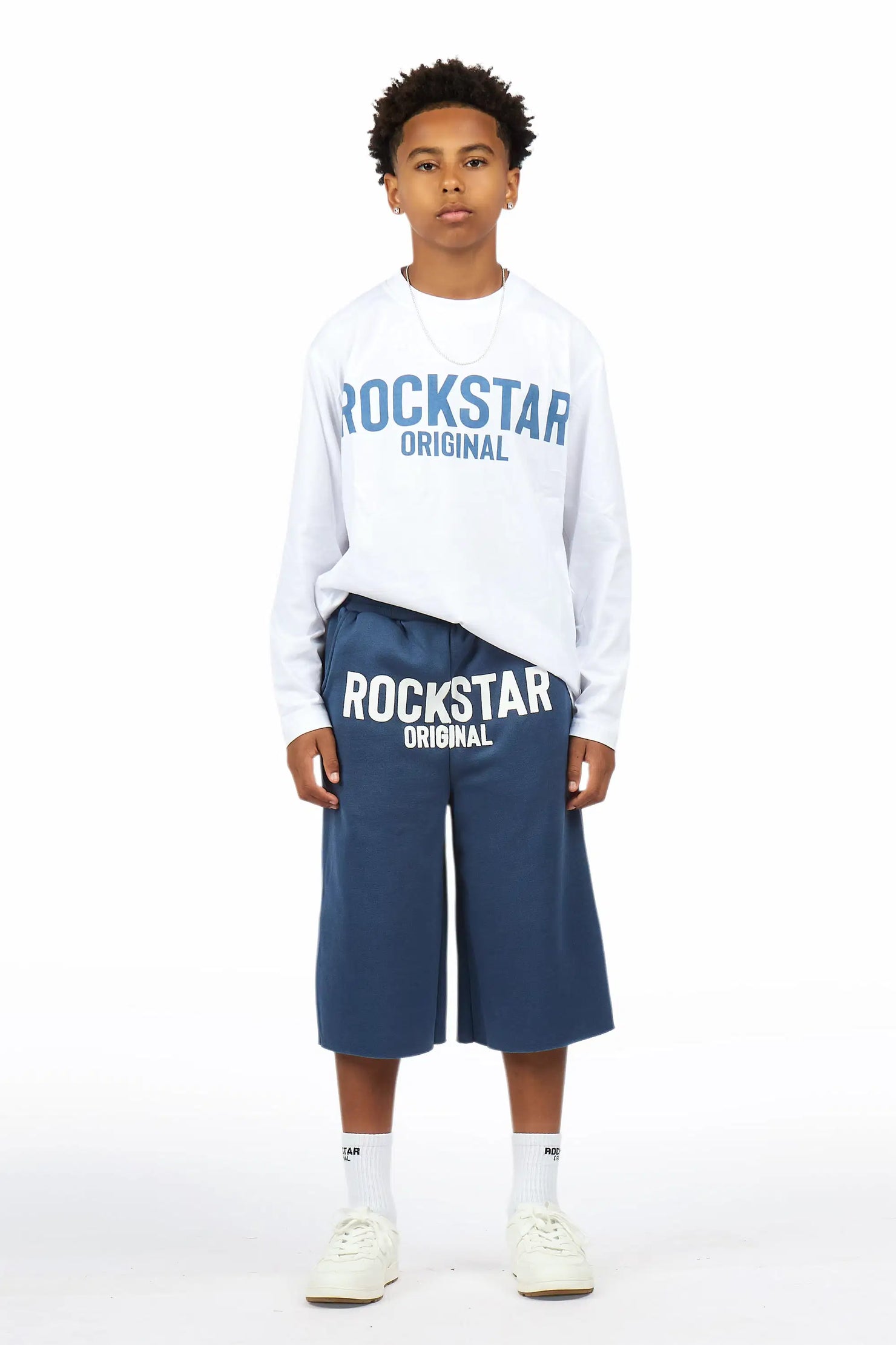 Boys Mikasso White/Navy L/S T-Shirt Jort Set