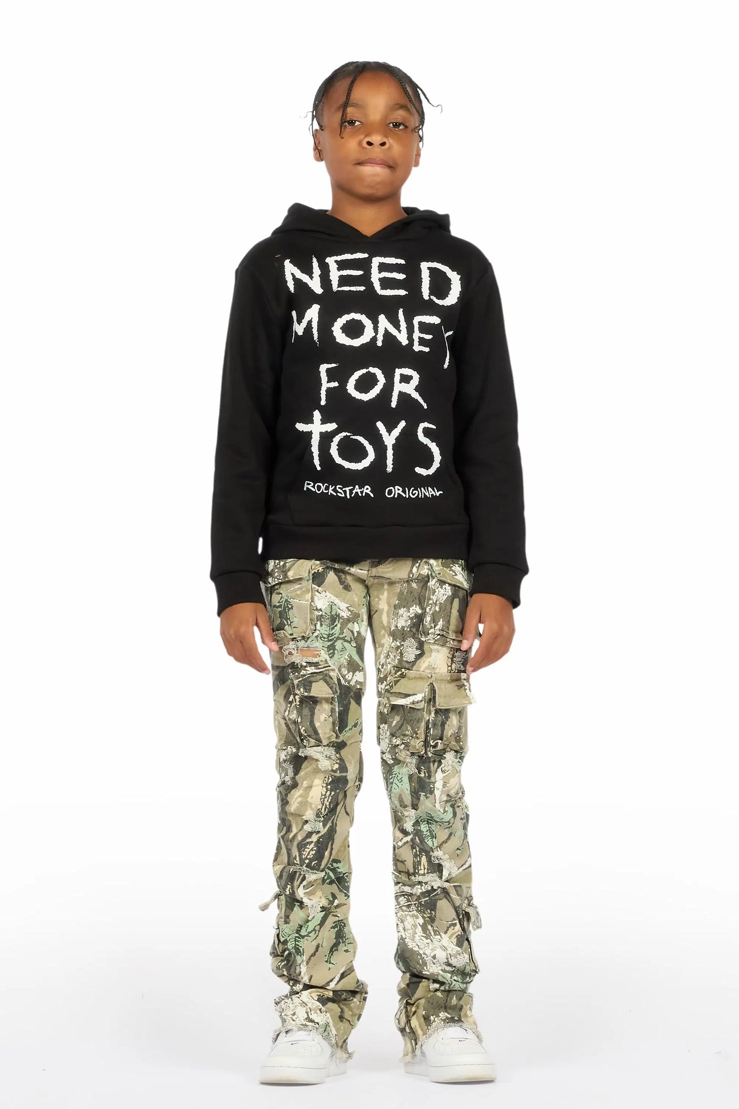 Boys M4 Toys Black/Camo Hoodie Stacked Jean Set