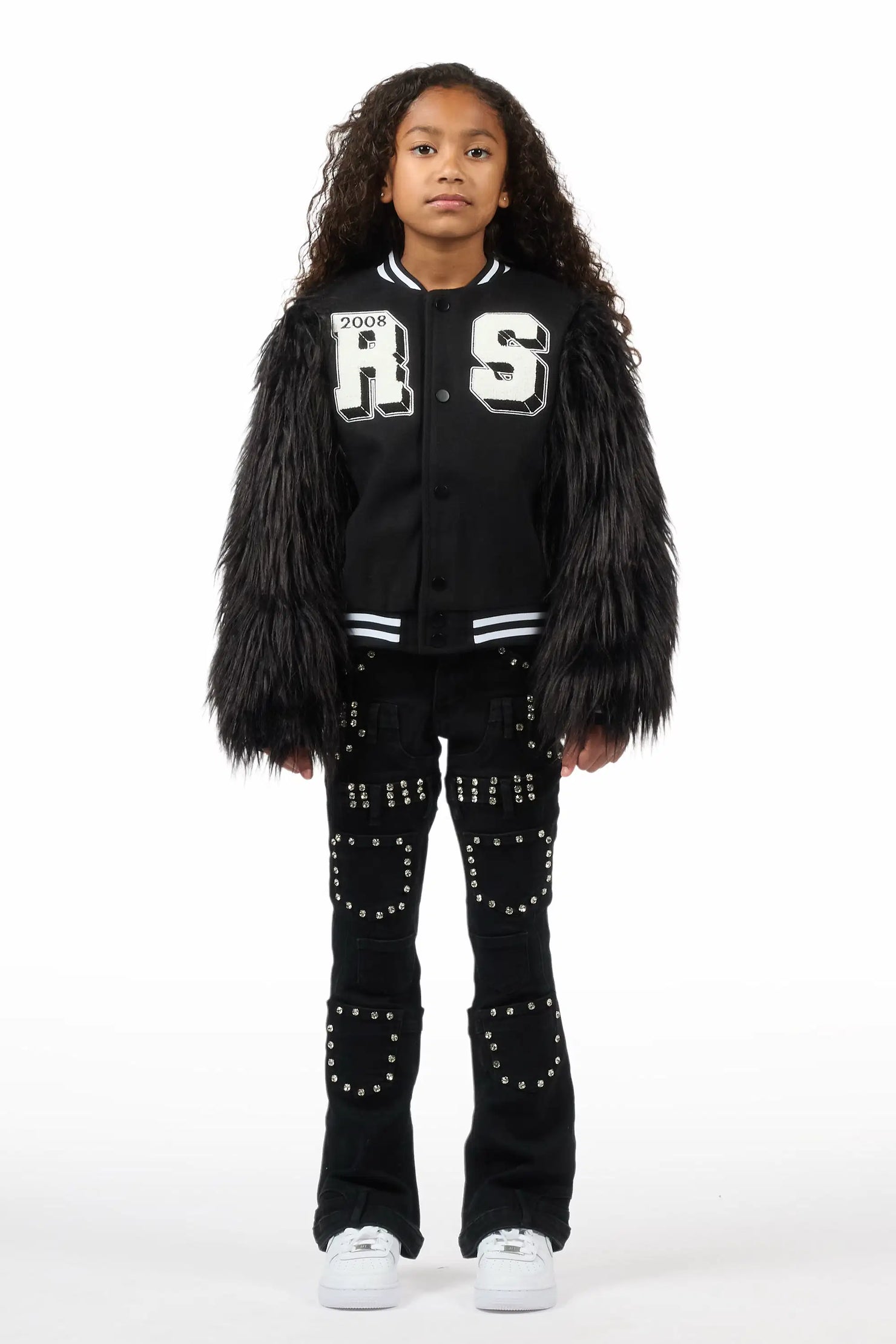 Girls Vicky Black Rhinestone Stacked Jean