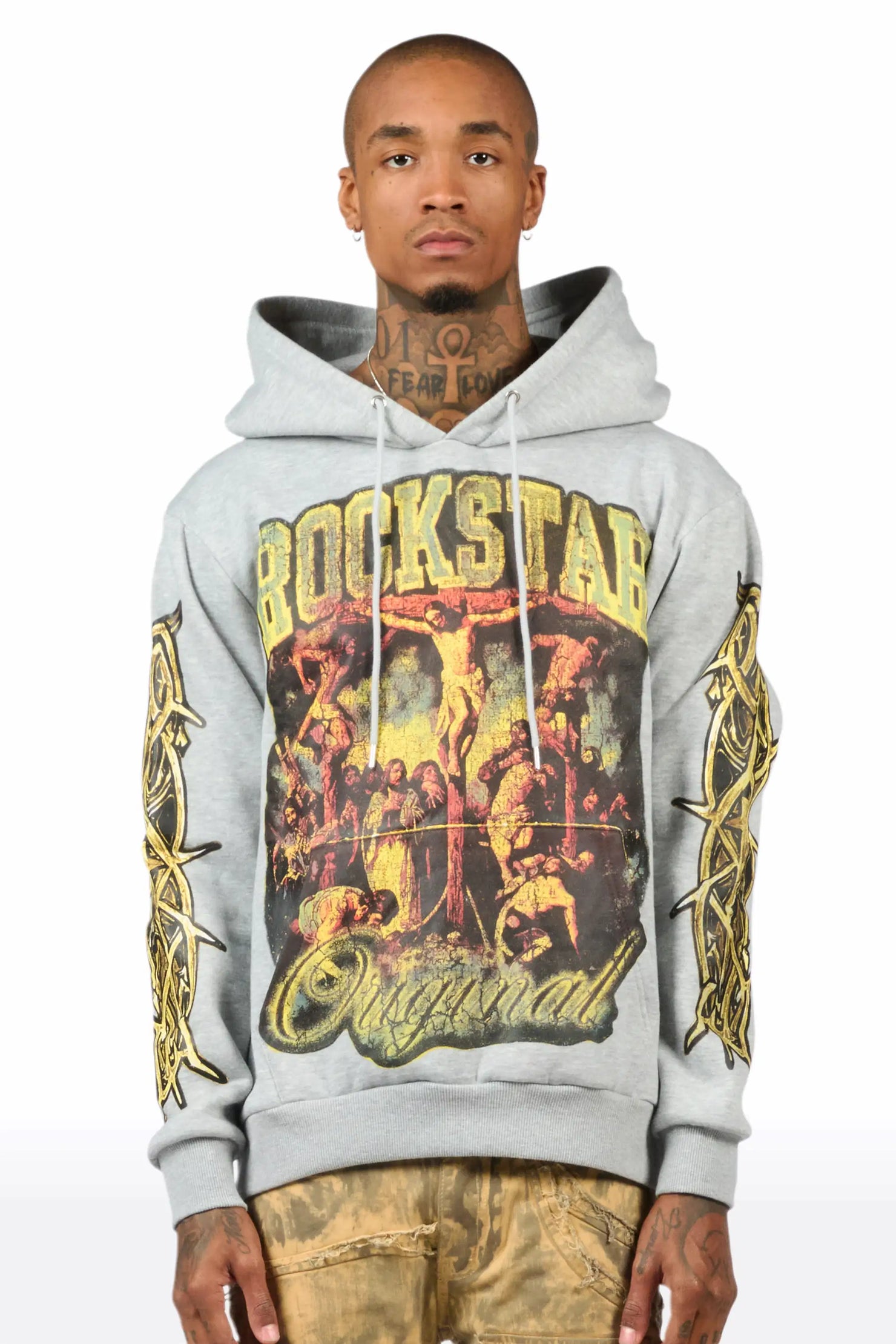 Waller Heather Grey Graphic Distressed Relaxed Hoodie